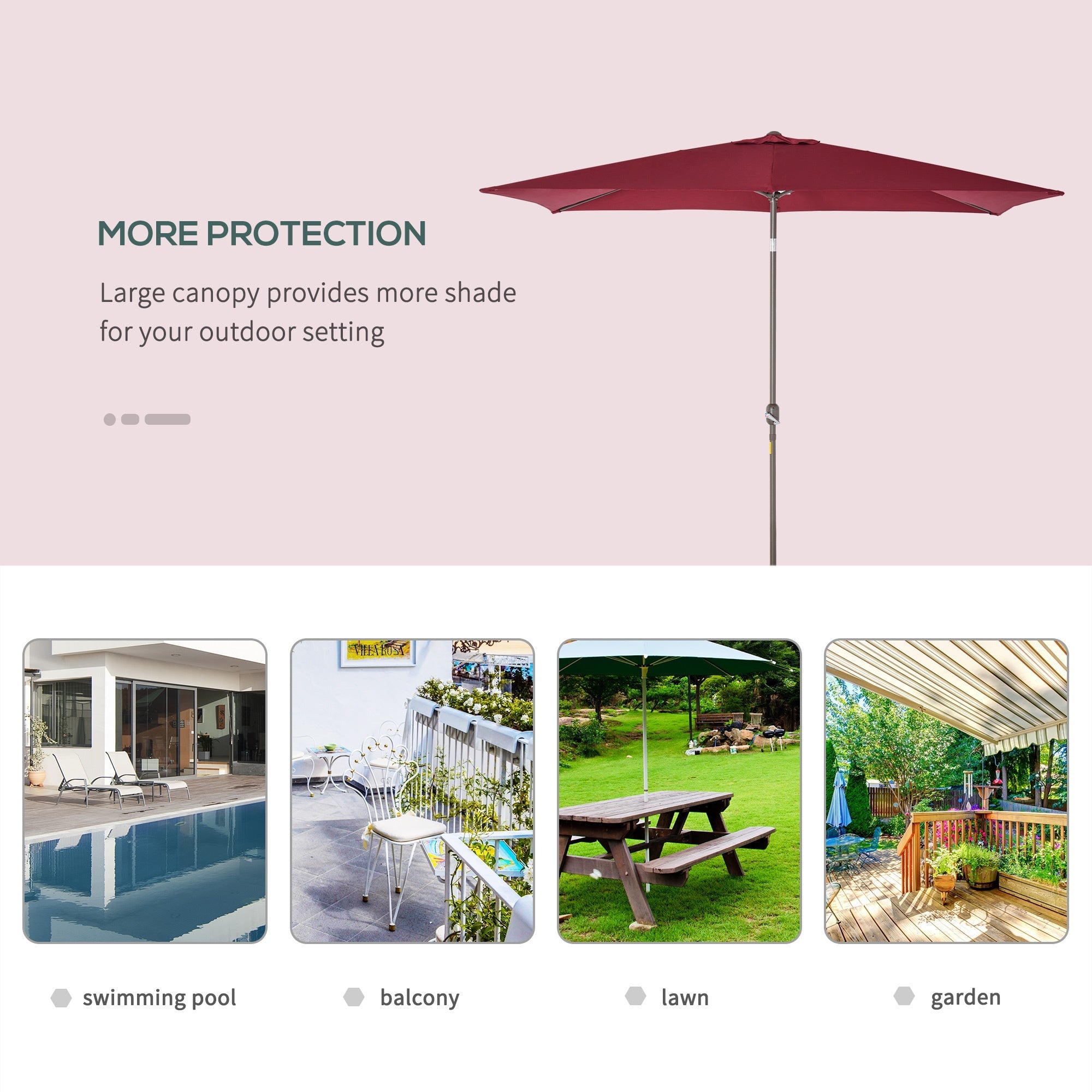 6.5x10ft Patio Umbrella, Rectangle Market Umbrella with Aluminum Frame and Crank Handle, Garden Parasol Outdoor Sunshade Canopy, Wine Red Sun Umbrellas   at Gallery Canada