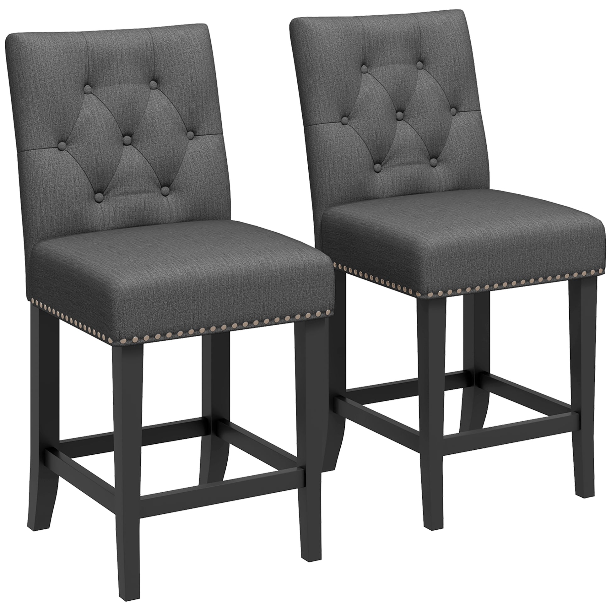 Fabric Bar Stool Set of 2, Tall 25.6" Seat Height Bar Chairs with Tufted Back &; Wood Legs, Dark Grey Bar Stools   at Gallery Canada