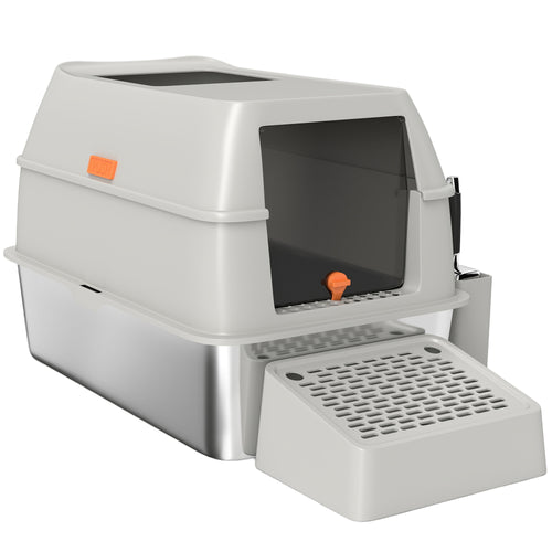 Stainless Steel Cat Litter Box with Lid, High Sided, Scoop, Easy Clean, Non-Sticky &; Anti-Leakage, Light Grey