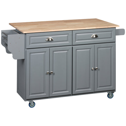 Kitchen Island with Storage, Rolling Kitchen Island with Drop Leaf, Rubber Wood Top and Adjustable Shelves, Grey