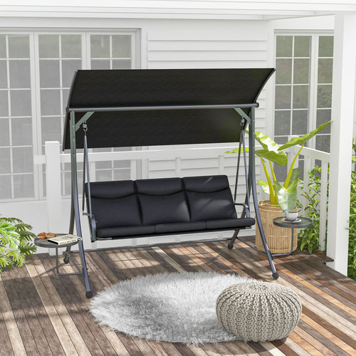 3 Seat Outdoor Swing Chair Steel Swing Bench Porch Swing With Adjustable Canopy &; Coffee Tables &; Cushion for Patio Garden, Black