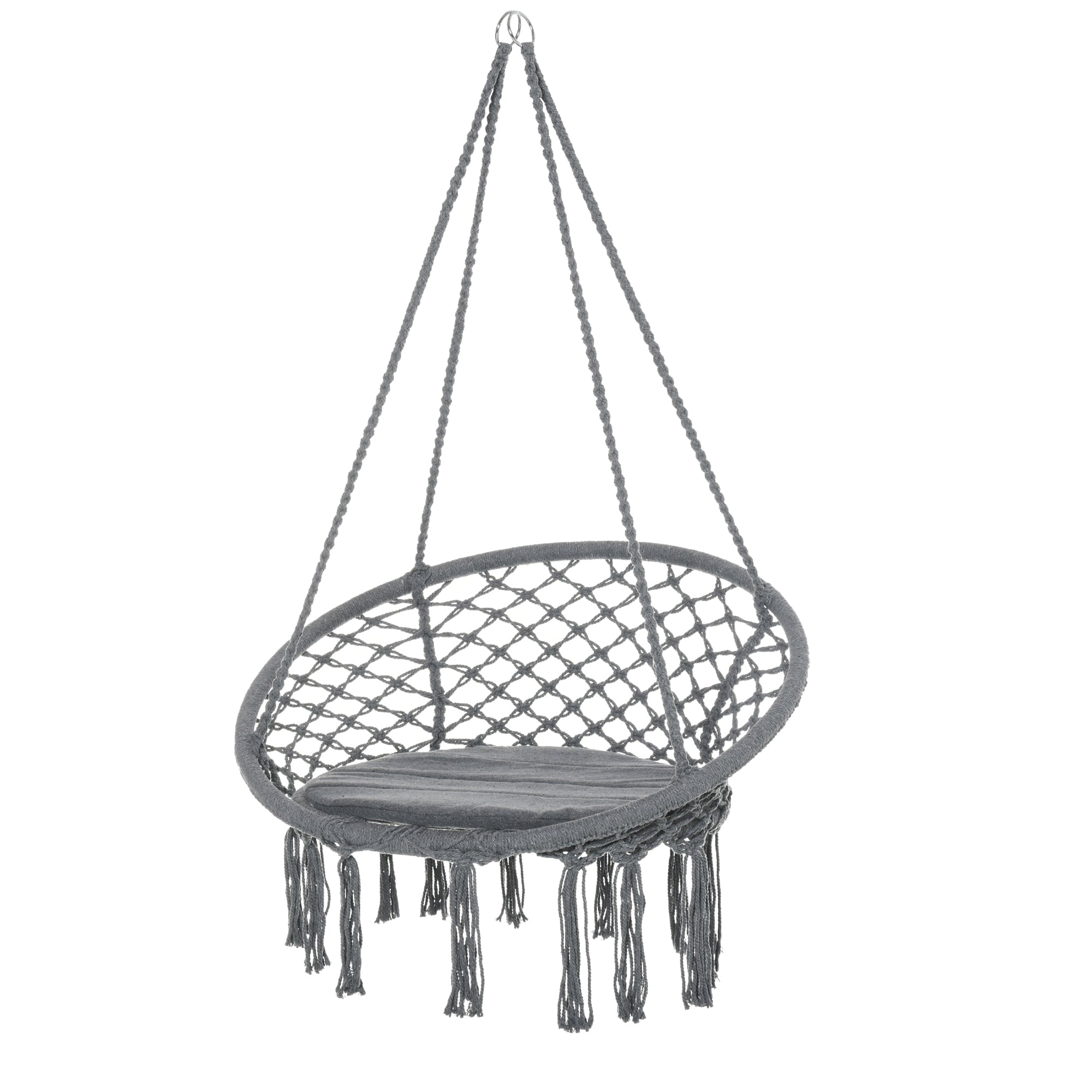 Patio Hammock Chair, Hanging Rope Hammock Swing for Indoor &; Outdoor Use with Backrest, Cotton-Polyester Blend, Fringe Tassels, Dark Grey Hammock Swings Dark Grey at Gallery Canada