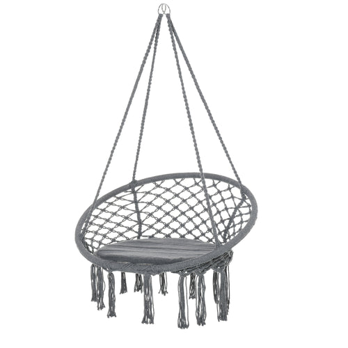Patio Hammock Chair, Hanging Rope Hammock Swing for Indoor &; Outdoor Use with Backrest, Cotton-Polyester Blend, Fringe Tassels, Dark Grey