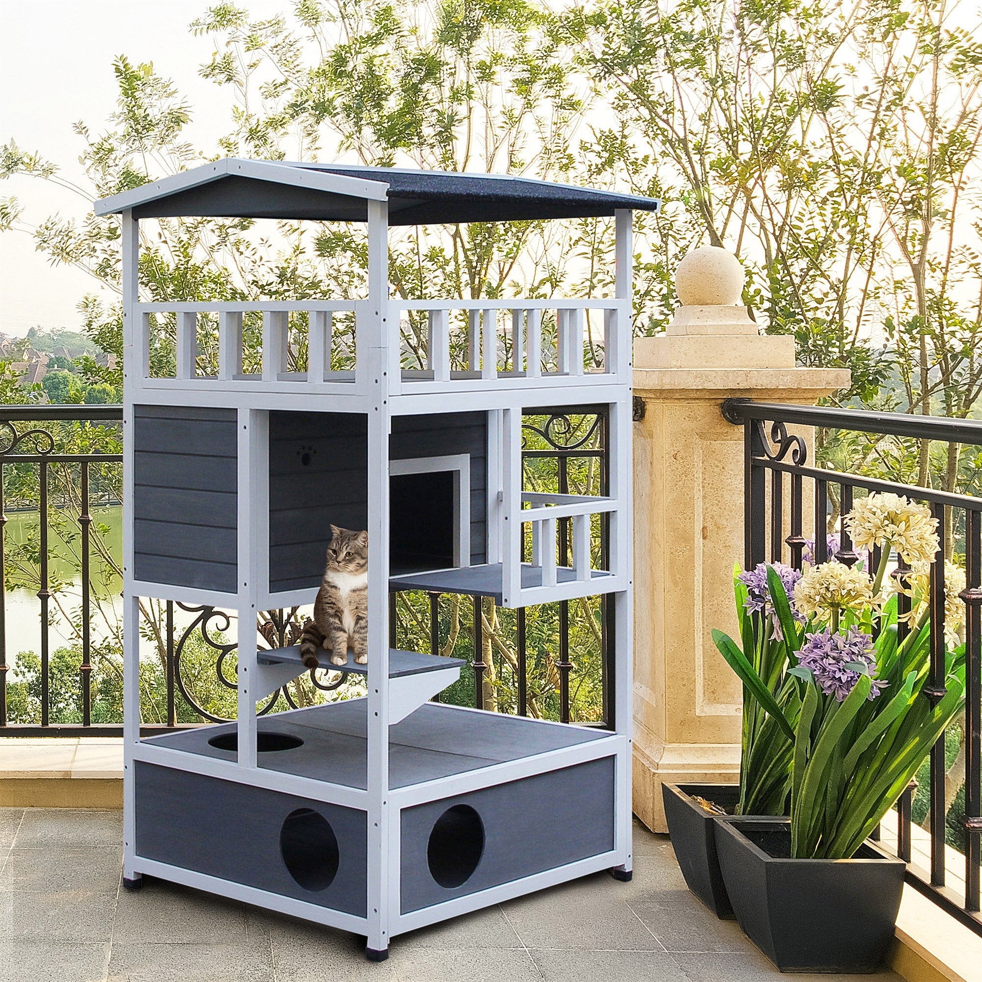 4-Floor Wood Outdoor Cat House Catio for Cats with Condo, Fun Entrances, Perch, Grey Cat Houses   at Gallery Canada