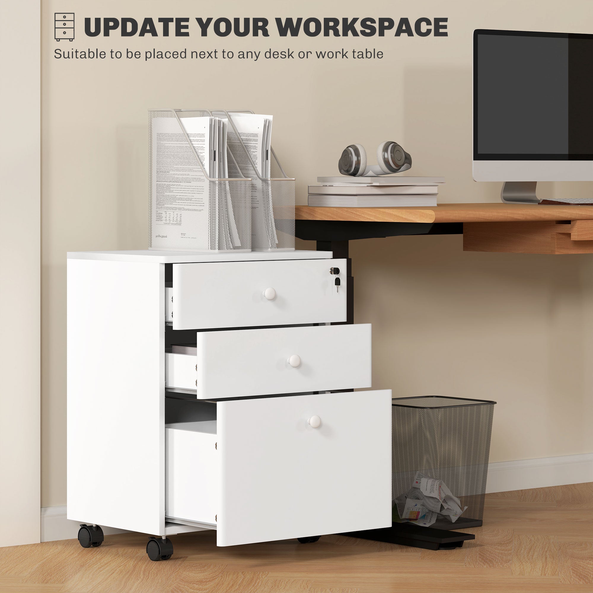 3-Drawer Small Filing Cabinet with Lock, Vertical Office Storage Cabinet with Wheels for Home Office, White Office Cabinets & Cupboards   at Gallery Canada