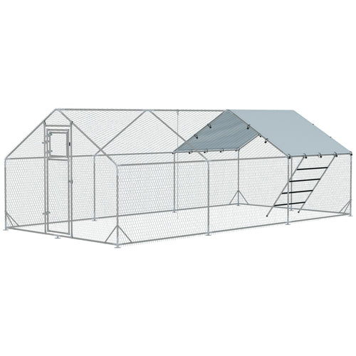 Large Metal Chicken Run with Waterproof &; UV-Resistant Cover, Feeding Door, Hanging Feeder, Perch for 18-24 Chickens