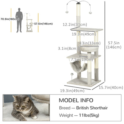 57.5" Cat Tree for Indoor Cats with Scratching Posts, Cat Condo with Hammock, Bed, Toys, Grey Cat Towers   at Gallery Canada