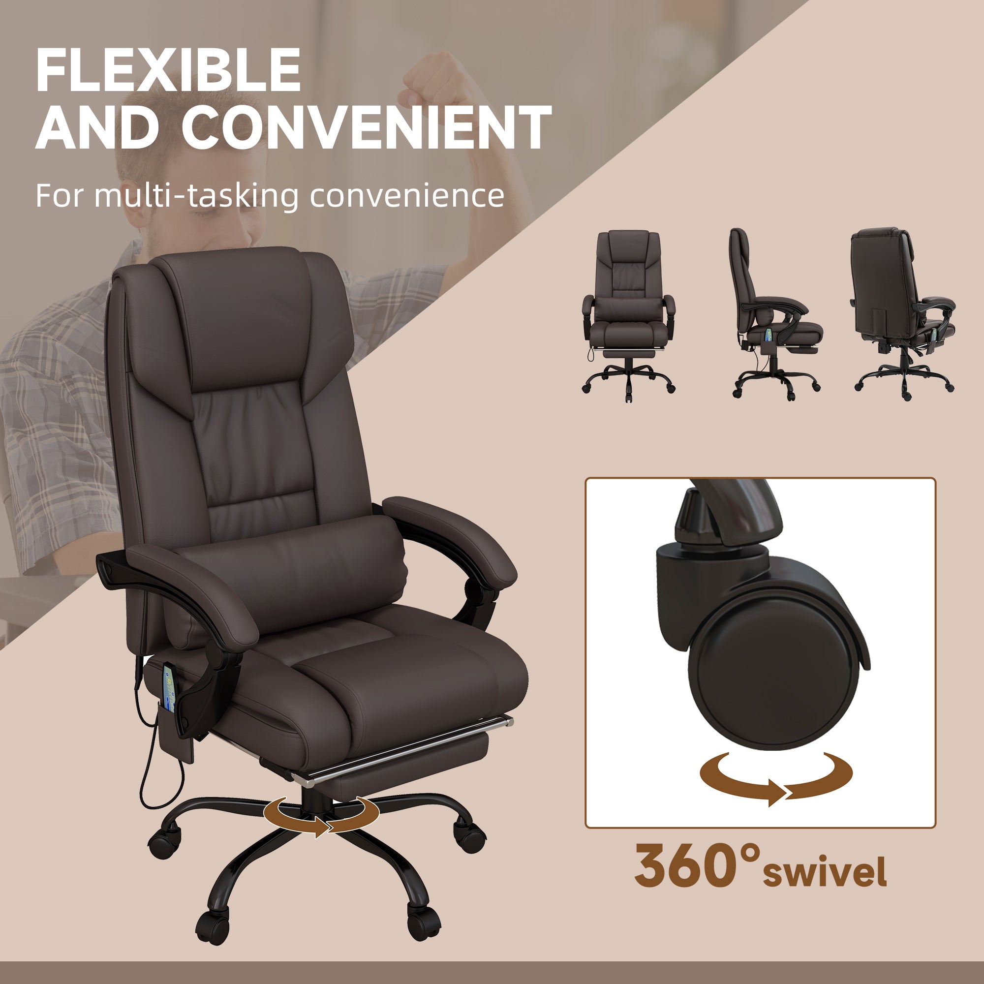 6-Point Vibration Massage Chair, Height Adjustable Reclining Computer Chair with Retractable Footrest, Brown Executive & Manager Chairs   at Gallery Canada