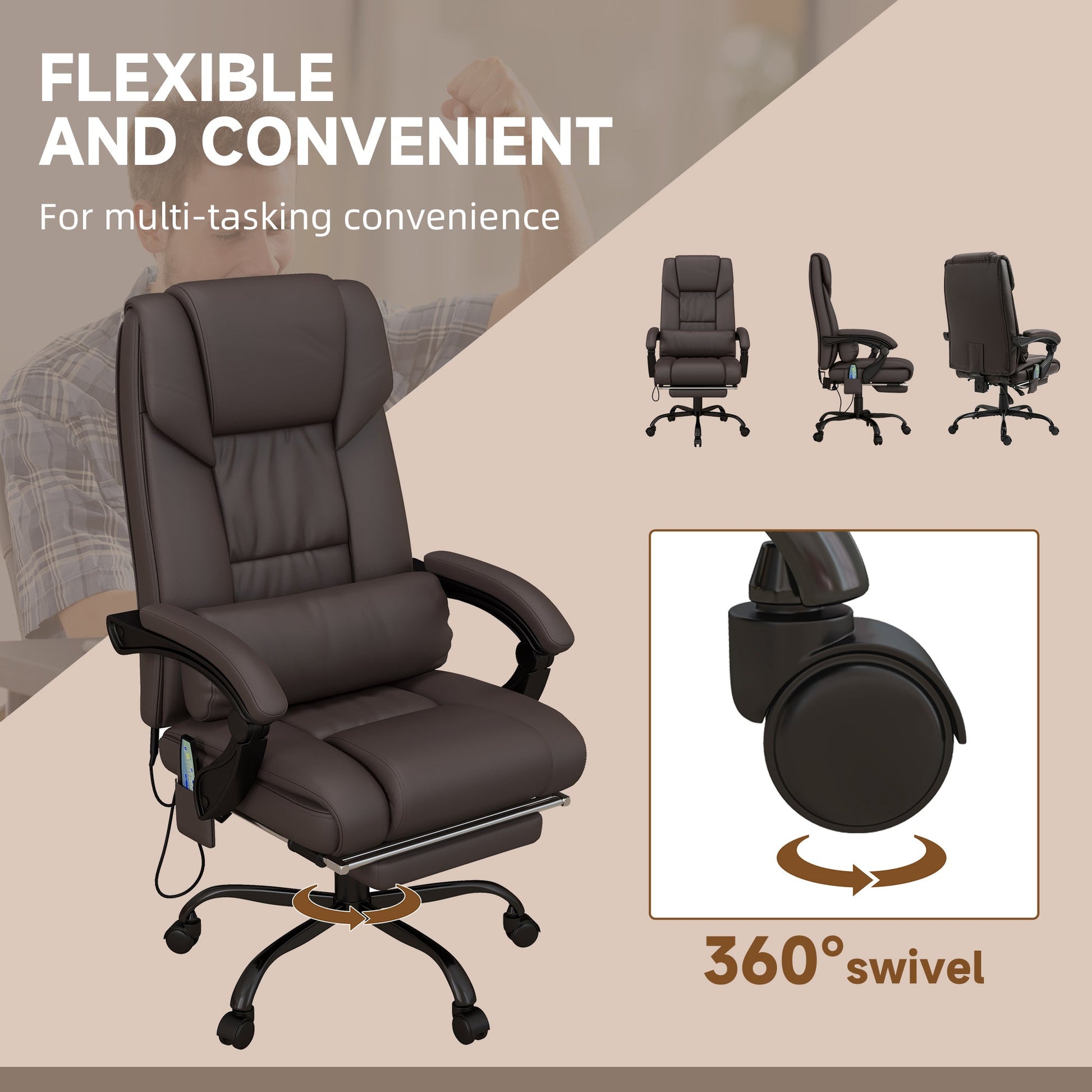 6-Point Vibration Massage Chair, Height Adjustable Reclining Computer Chair with Retractable Footrest, Brown Executive & Manager Chairs   at Gallery Canada