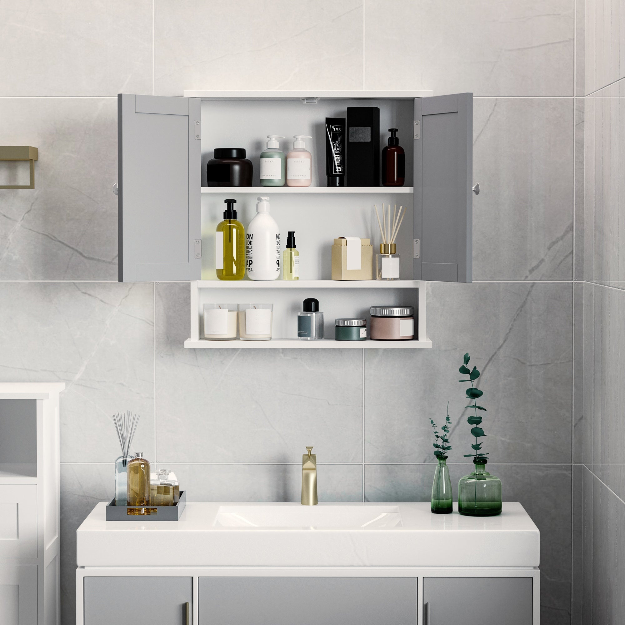 Bathroom Mirror Cabinet, Wall Mounted with Double Mirrored Doors, Hanging Cabinet with Cupboard and Shelf, Wall Storage Organizer, Grey Mirror Medicine Cabinets   at Gallery Canada