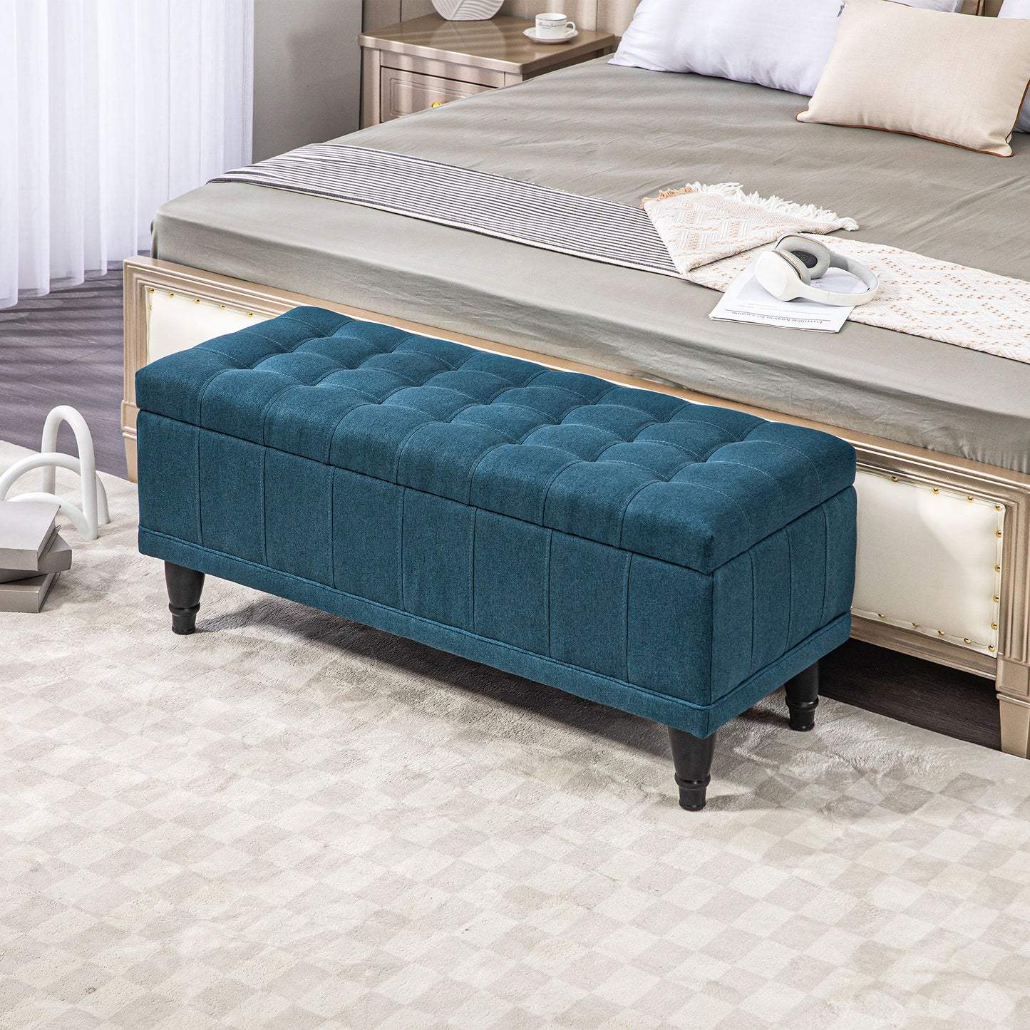 Storage Ottoman, Linen Fabric End of Bed Bench with Button Tufted Storage Bench for Bedroom, Blue Storage Ottomans & Benches   at Gallery Canada