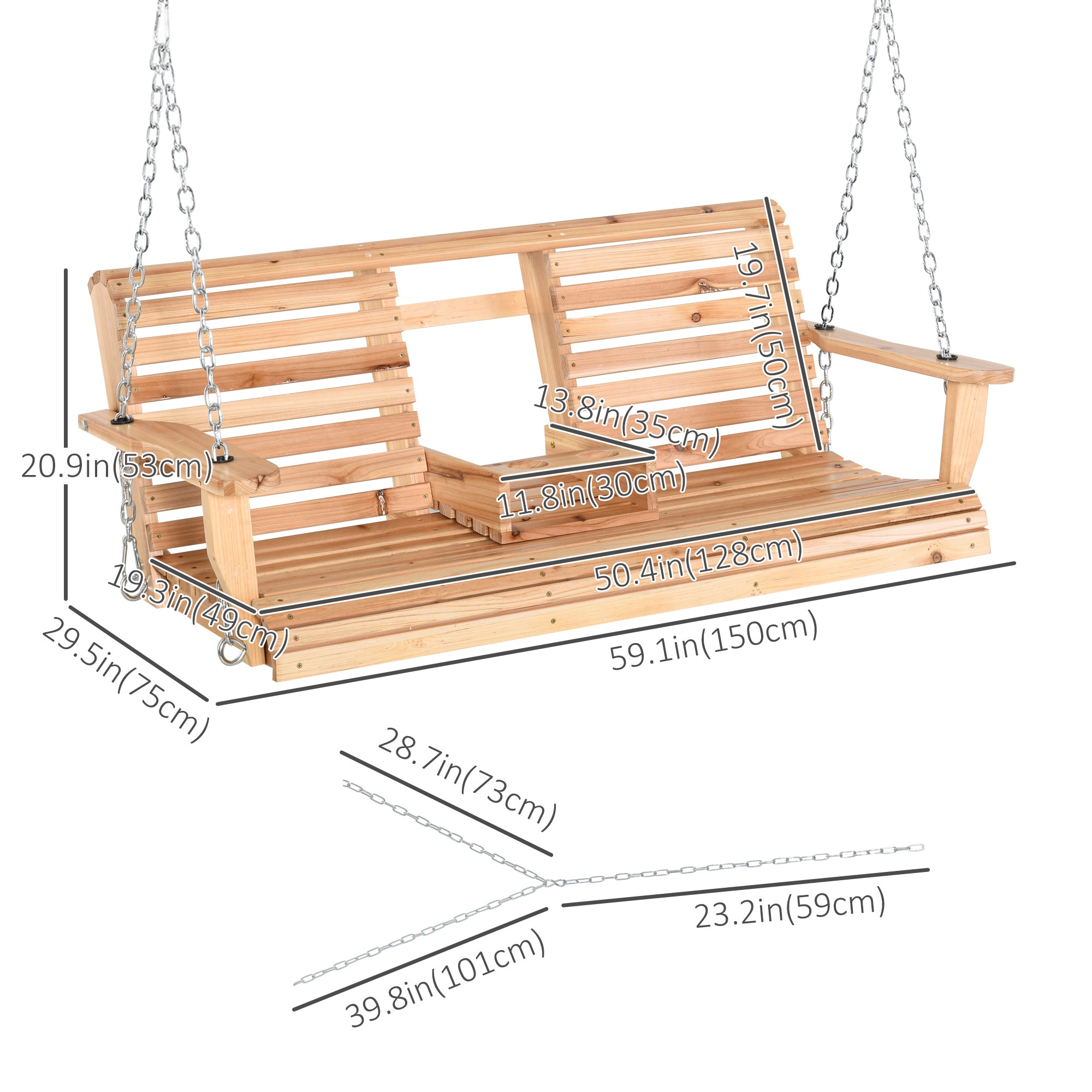 3 Seater Patio Swing Chair Wood Porch Swing with Foldable Table, Cup Holders, Steel Chains for Garden, Yard, Natural Hanging Porch Swings at Gallery Canada