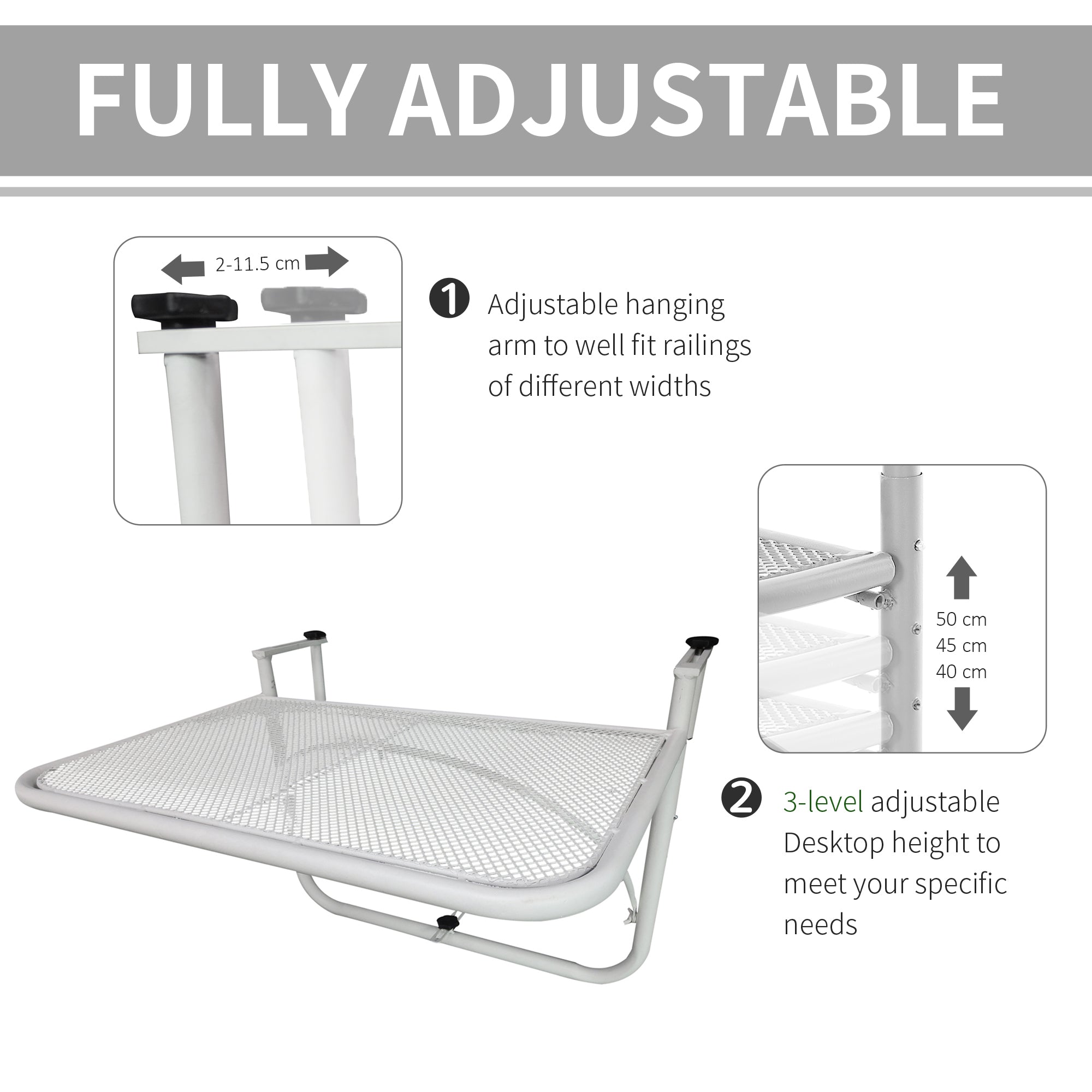 Adjustable Balcony Hanging Railing Table, Metal Mounting Mini Wall Desk Storage Rack, Outdoor Flower Stand Serving Table Rectangle, White Balcony Table Hanging at Gallery Canada