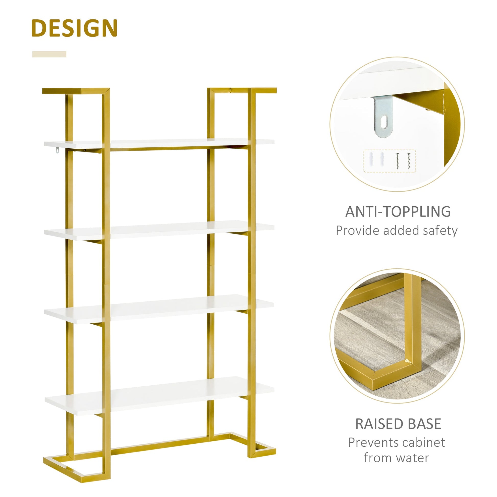 4-Tier Bookshelf, Bookcase Ladder Shelf with Stable Metal Frame, Tall Organizer Multifunctional Rack for Living Room, Bedroom, Kitchen, White and Gold Display Bookshelves   at Gallery Canada