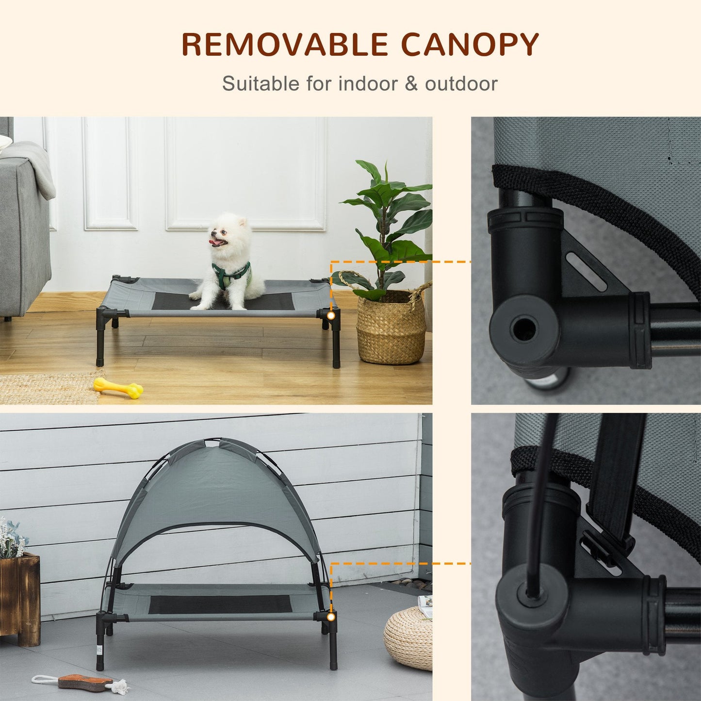 Elevated Dog Bed with Canopy, Portable Raised Dog Cot for M Sized Dogs, Indoor &; Outdoor, 30" x 24" x 29", Grey Elevated Dog Beds   at Gallery Canada