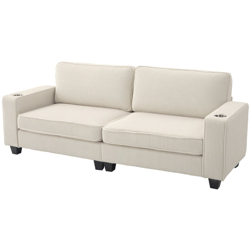Three Seater Sofa, Fabric 3 Seater Couch with Spring Cushion and Cup Holders for Living Room, Bedroom, Cream White