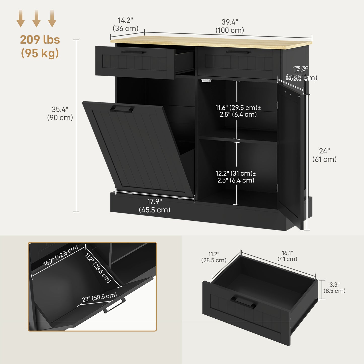 Hidden Garbage Bin Cabinet, Tilt Out Trash Cabinet w/ 2 Drawers, Freestanding Kitchen Island for Laundry, Black Bar Cabinets   at Gallery Canada