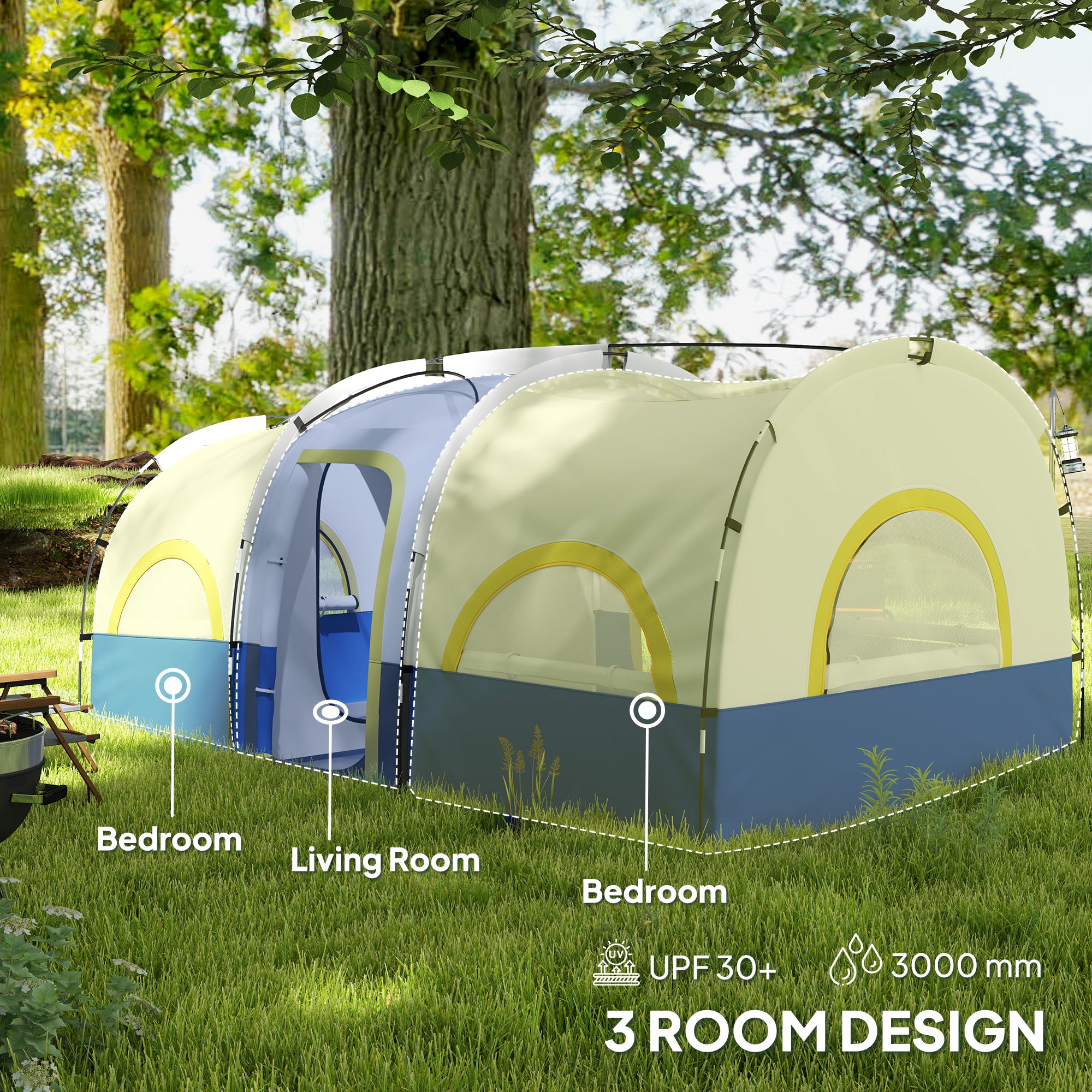 4-6 Person Camping Tent, 3 Room Cabin Tent, 3000mm Waterproof and UPF30+ with Sewn in Groundsheet and Carry Bag, Blue Camping Tents at Gallery Canada
