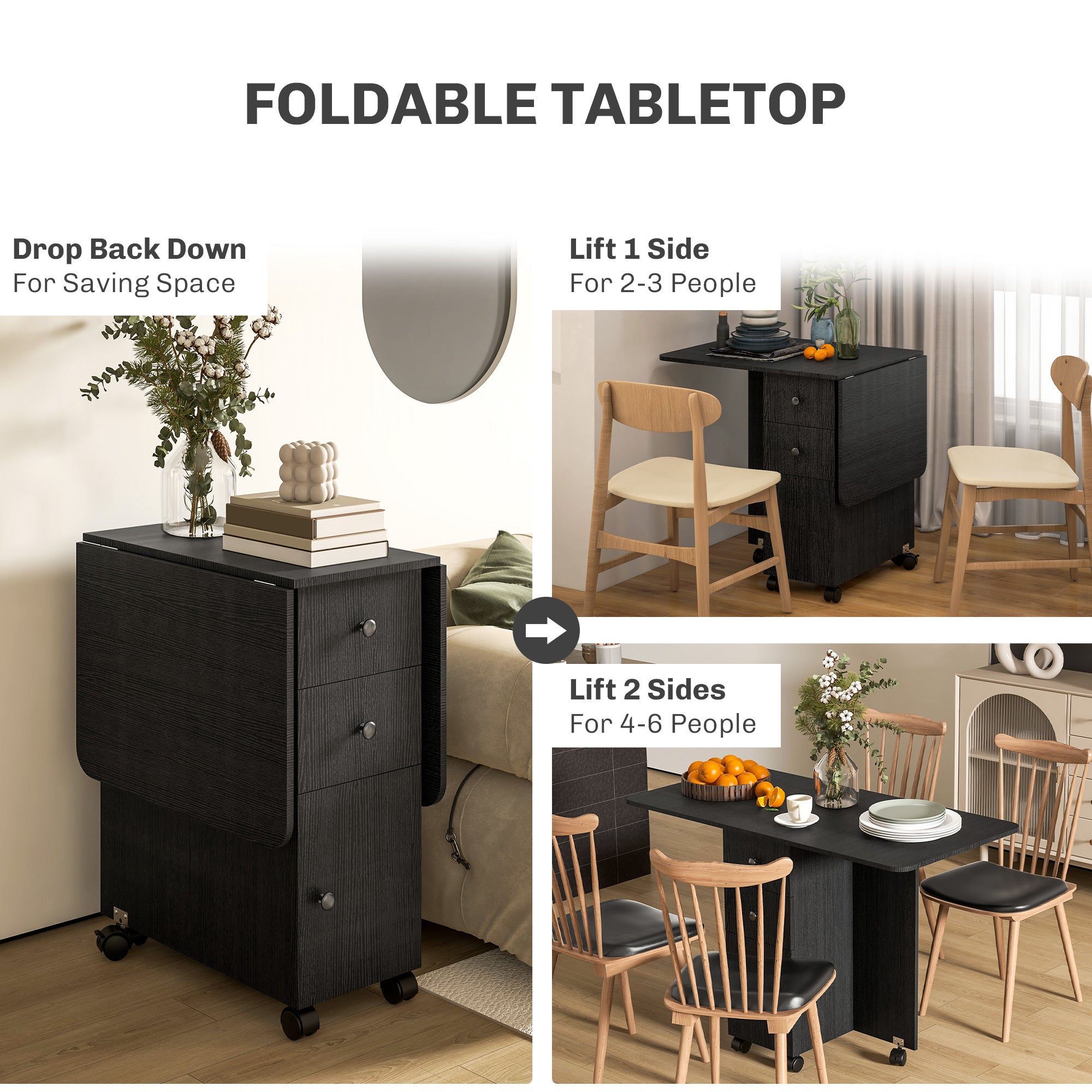 Drop Leaf Dining Table, Mobile Folding Table on Wheels with Drawers and Cabinet for Dining Room, Kitchen, Black Bar Tables & Dining Tables   at Gallery Canada