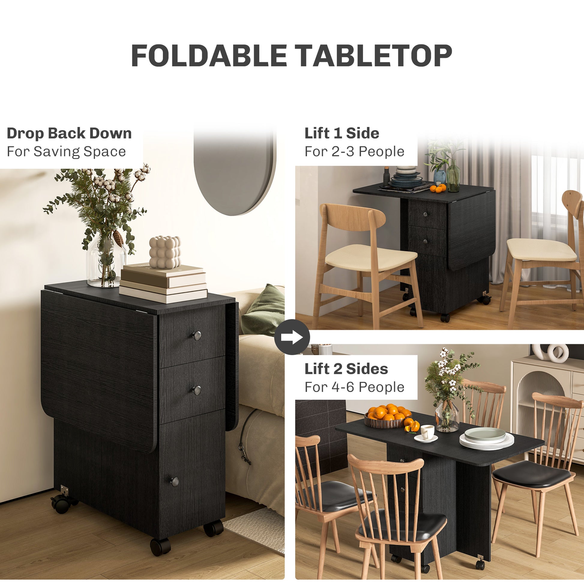 Drop Leaf Dining Table, Mobile Folding Table on Wheels with Drawers and Cabinet for Dining Room, Kitchen, Black Bar Tables & Dining Tables   at Gallery Canada