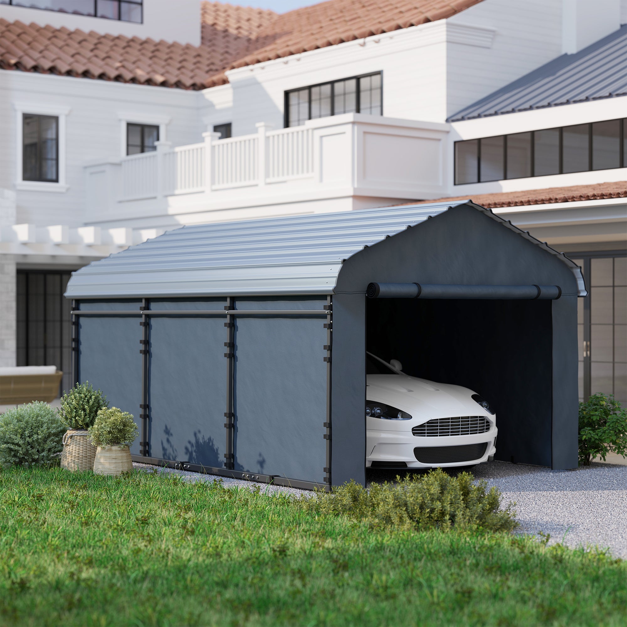 10' x 15' Metal Carport, Heavy Duty Garage Car Shelter with Galvanized Metal Roof and Removable Sidewalls, Dark Grey Car Shelters at Gallery Canada