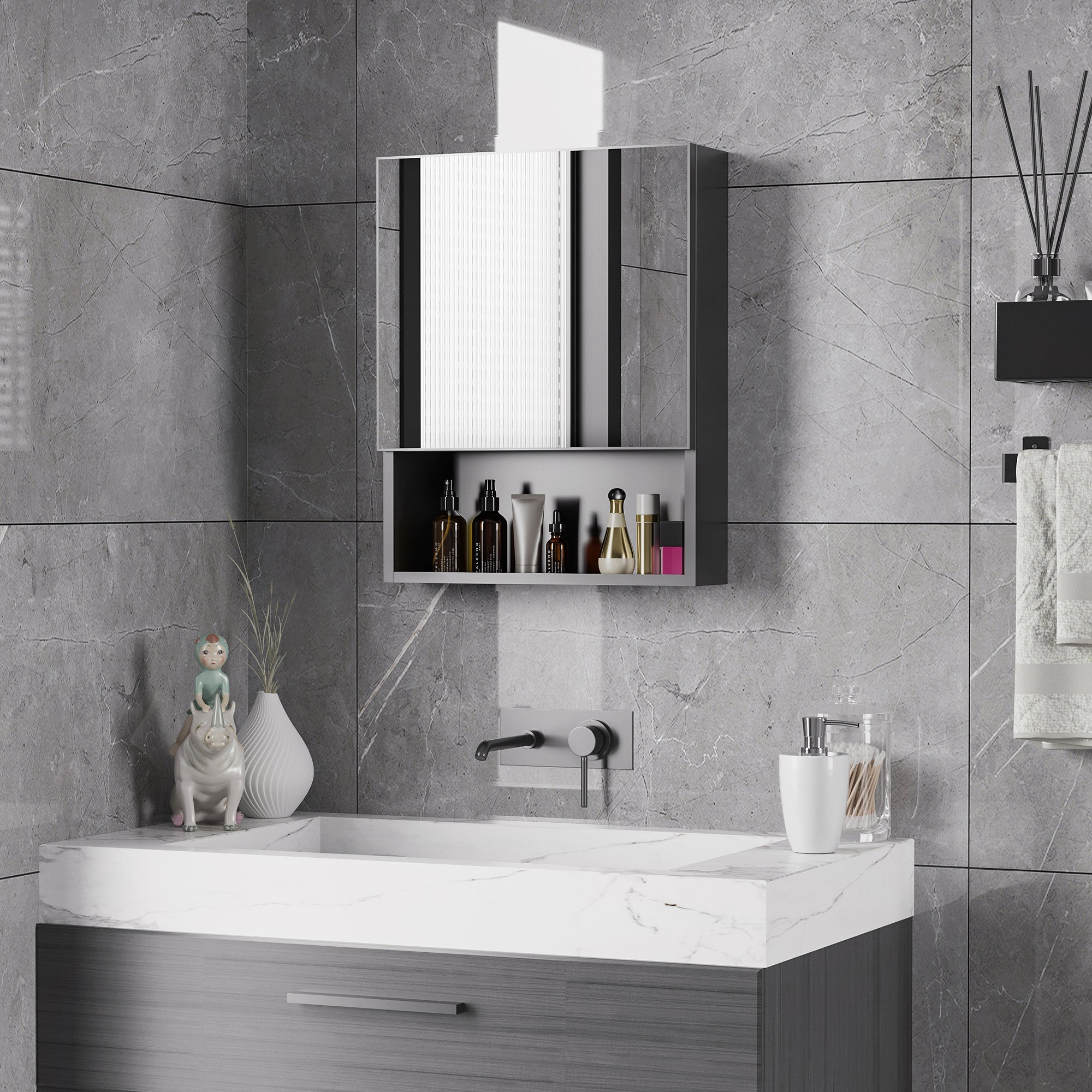 Bathroom Medicine Cabinet, Wall-Mounted Mirror Cabinet with Single Door, Storage Shelves and Stainless Steel Frame for Laundry Room, Black Mirror Medicine Cabinets   at Gallery Canada