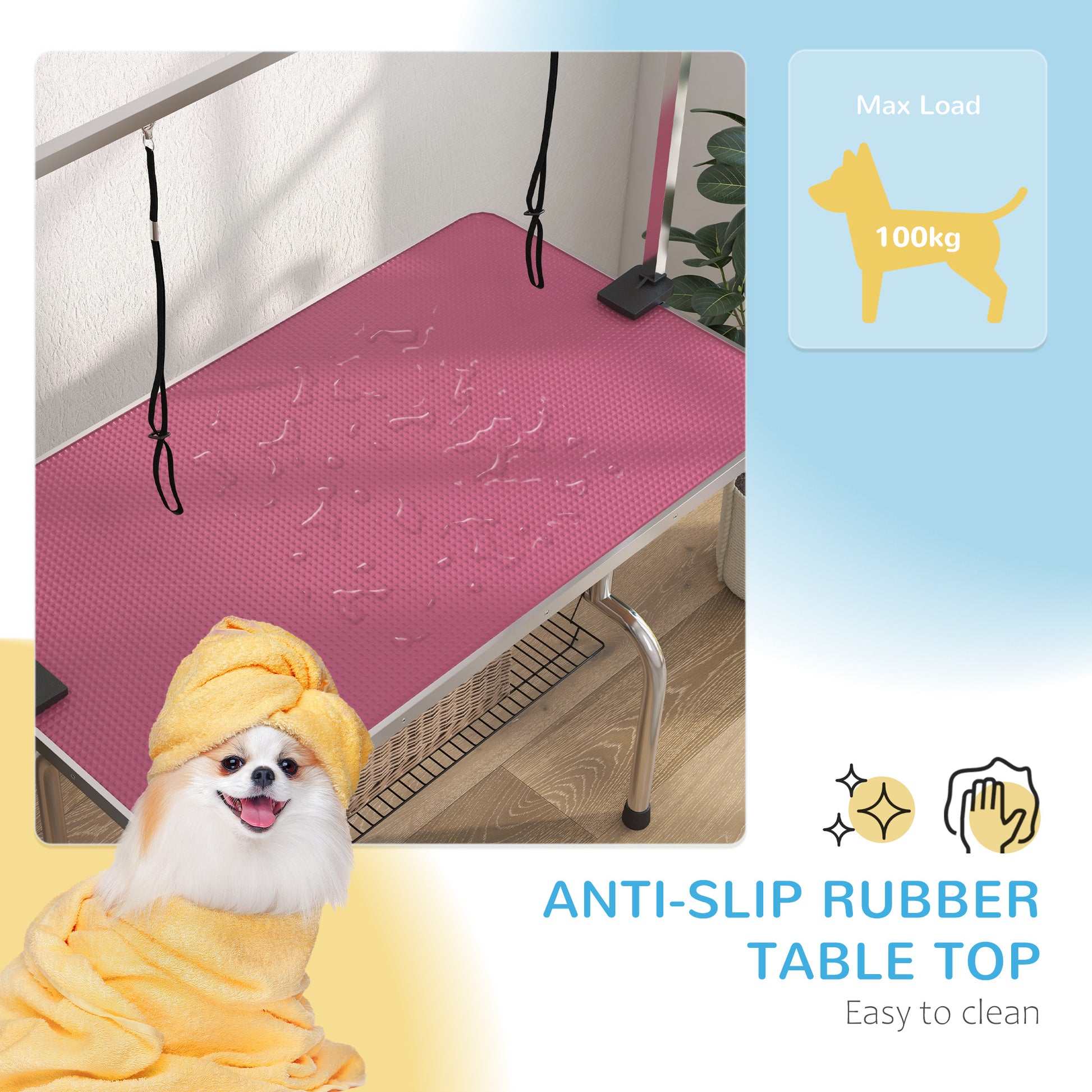 Adjustable Dog Grooming Table with 2 Safety Slings, Storage Basket, Pink Dog Grooming Tables   at Gallery Canada