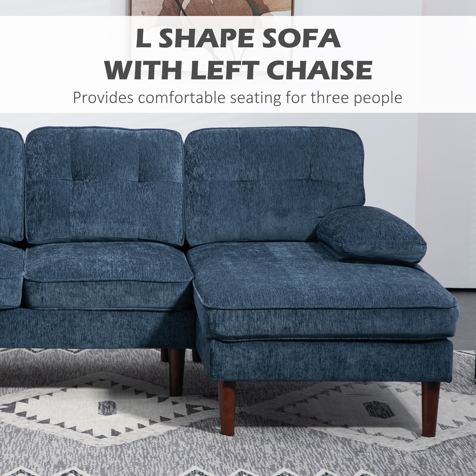 Modern Corner Couch with Right Chaise Lounge, Tufted 3-Seater Sofa with Wooden Legs for Living Room, Bedroom, Navy Blue 3-Seater Sofas at Gallery Canada
