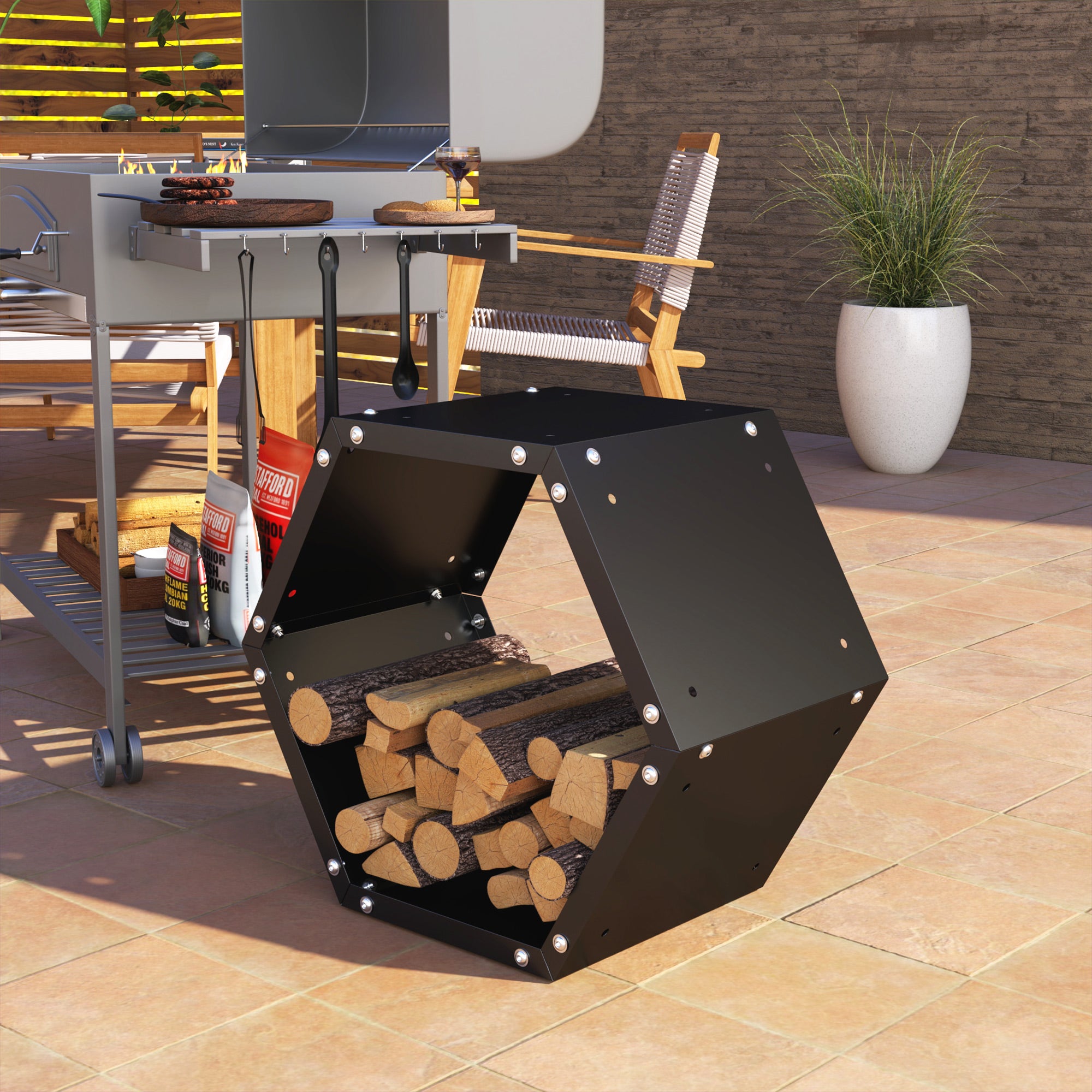 Hexagon Firewood Log Rack Heavy-Duty Steel Log Holder for Outdoor Indoor Use, 25.6