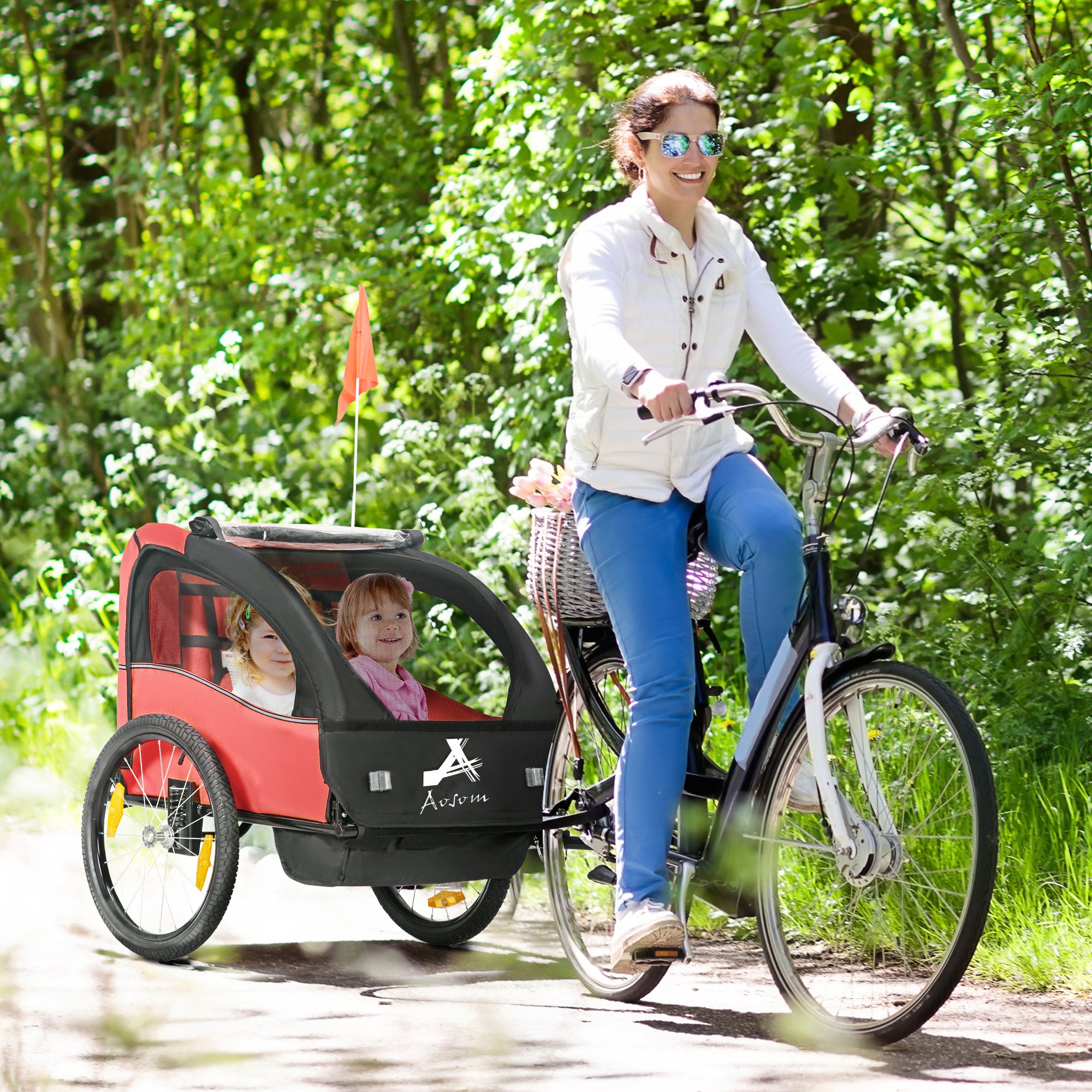 2 Seat Bike Trailer for Kids, Baby Stroller with Storage Bag, 5 Point Harness, Bicycle Trailer with 20