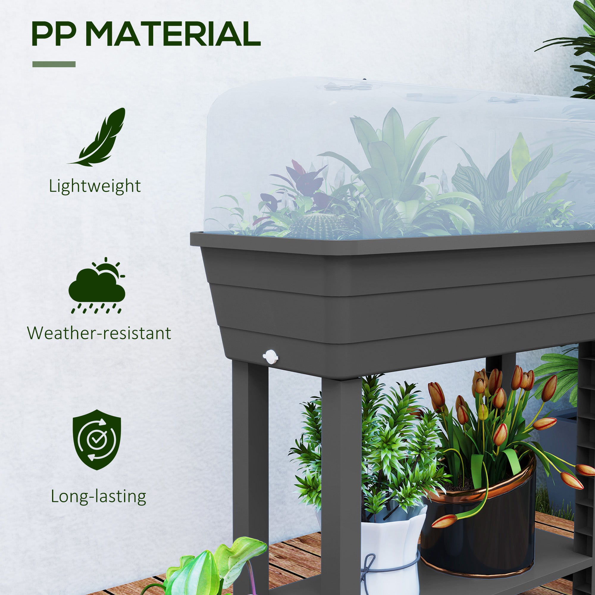 41L Self Watering Raised Garden Bed w/ Ventilation Transparent Lid Greenhouse, Planter Box w/ Storage Shelf, Dark Grey Raised Garden Beds at Gallery Canada
