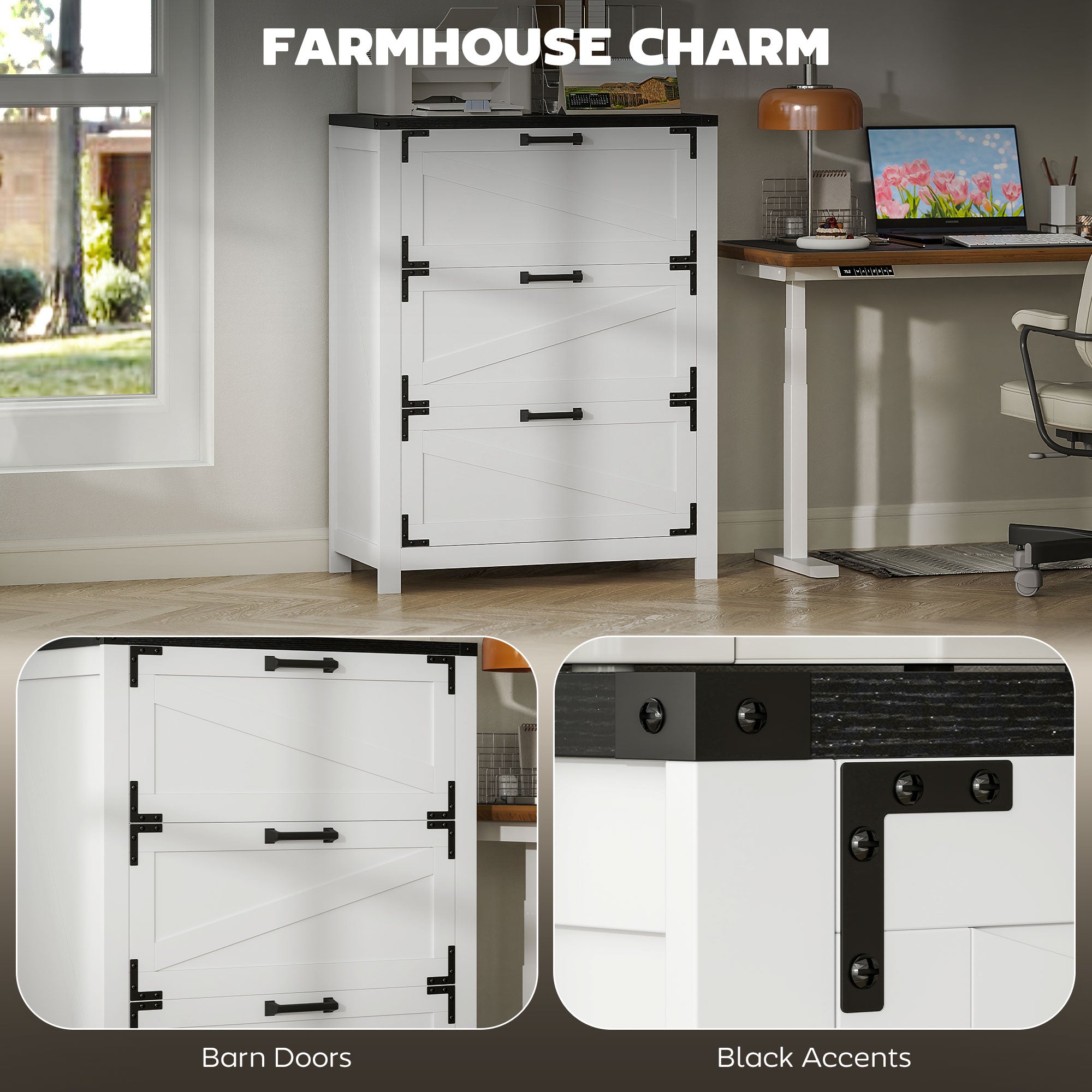 3 Drawer Filing Cabinet, Farmhouse Office Storage Cabinet with Adjustable Hanging Bars for Letter, A4, Legal Size, White Office Cabinets & Cupboards at Gallery Canada