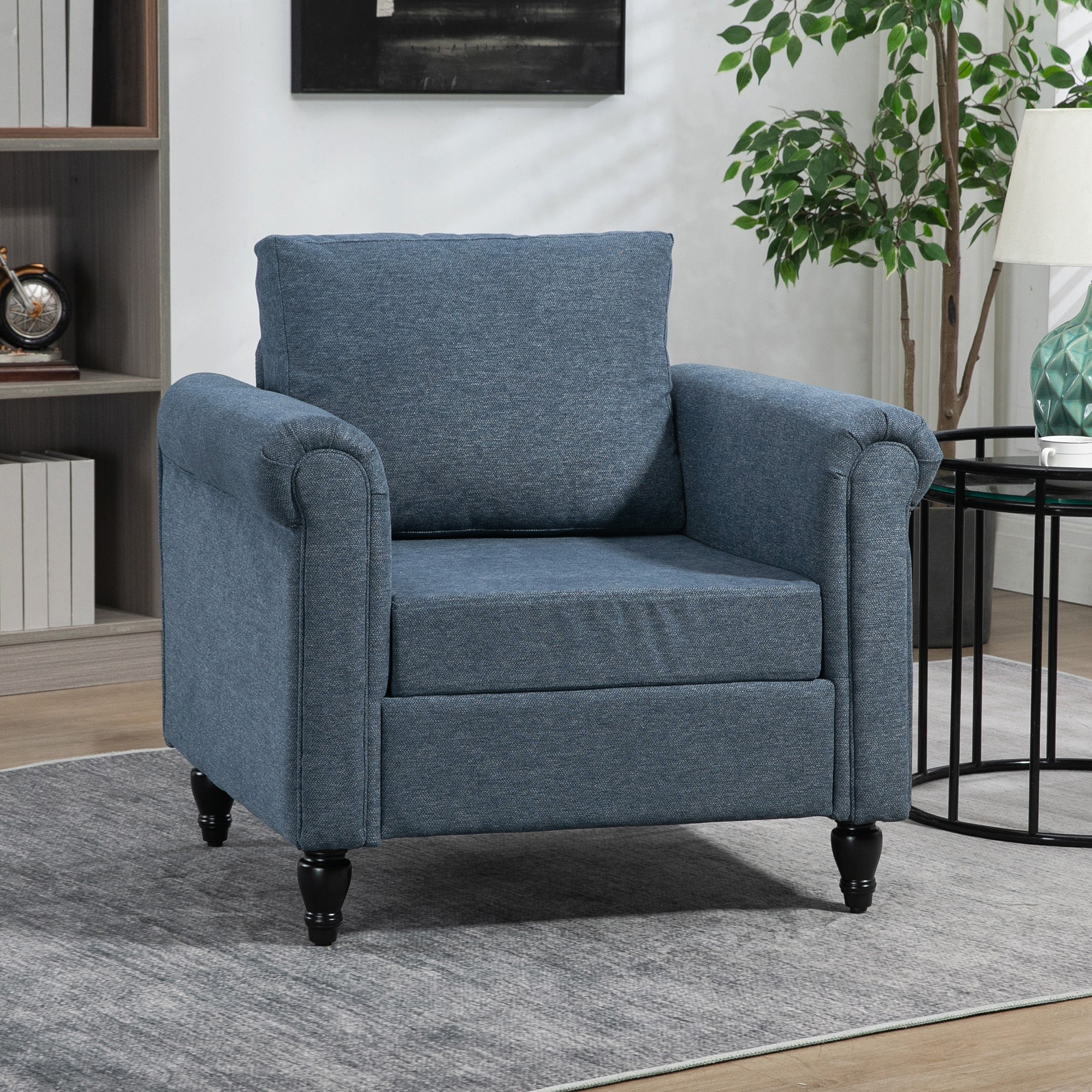 Vintage Armchair, Upholstered Accent Chair with Rolled Arms, Gourd-Shaped Rubber Wood Legs, Dark Blue Accent Chairs Multi Colour at Gallery Canada