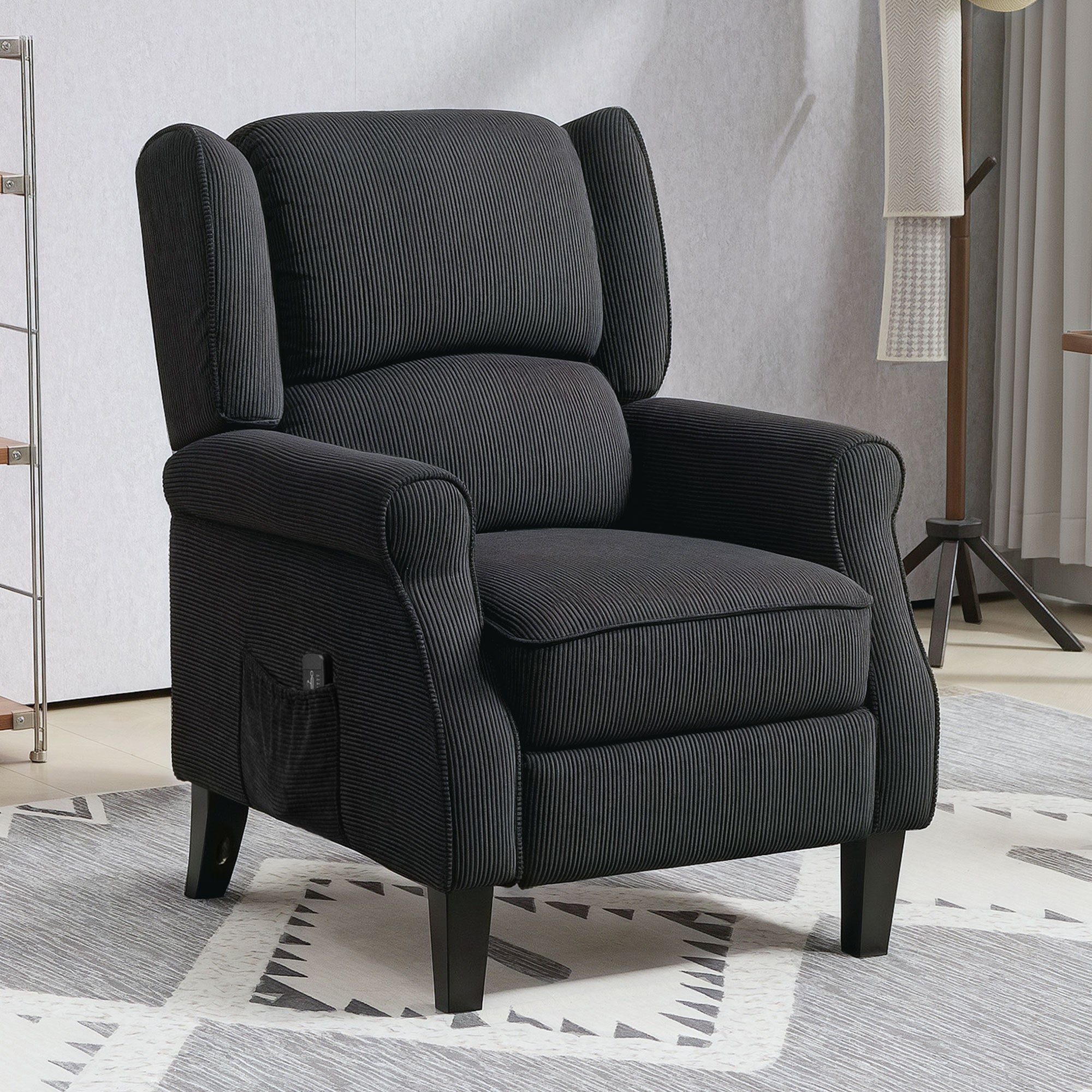 Push Back Recliner Chair, Vibration Massage Recliner for Living Room with Extendable Footrest, Remote, Pocket, Black Sofas & Reclining Chairs at Gallery Canada