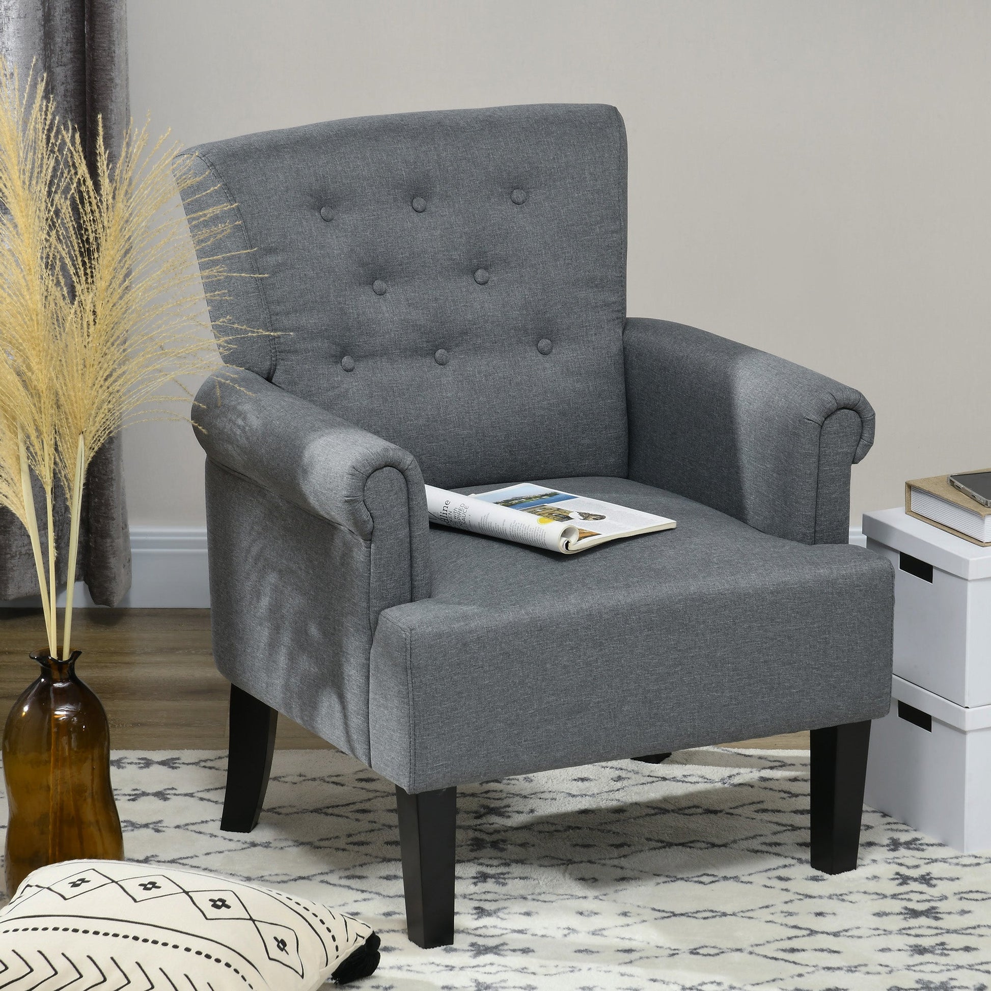 Armchair, Fabric Accent Chair, Modern Living Room Chair with Wood Legs and Rolled Arms for Bedroom, Grey Single Sofas   at Gallery Canada