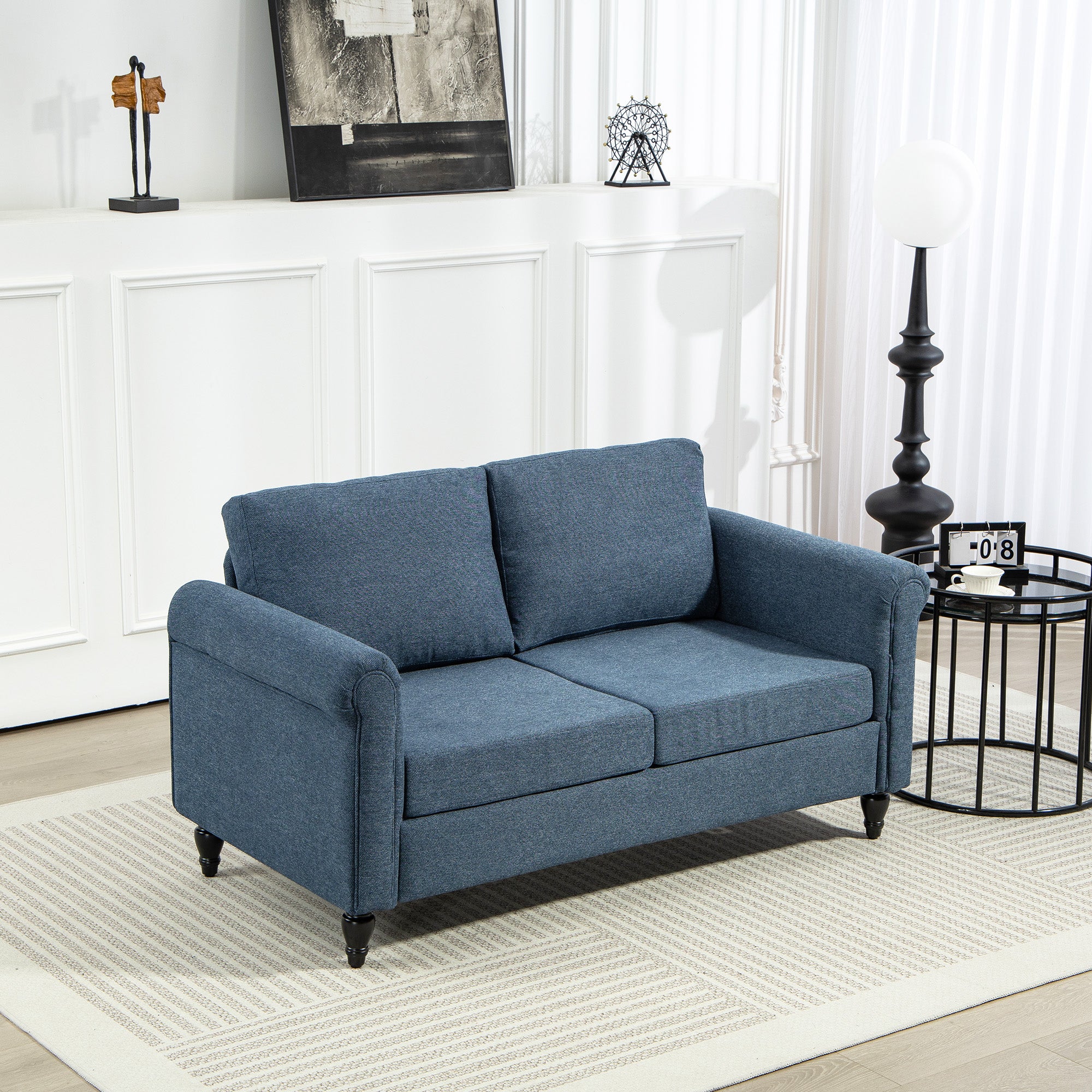 Vintage Loveseat, Upholstered Love Seat Furniture, Fabric 2 Seater Sofa with Rolled Arms, Rubber Wood Legs, Dark Blue 2-Seater Sofas Multi Colour at Gallery Canada