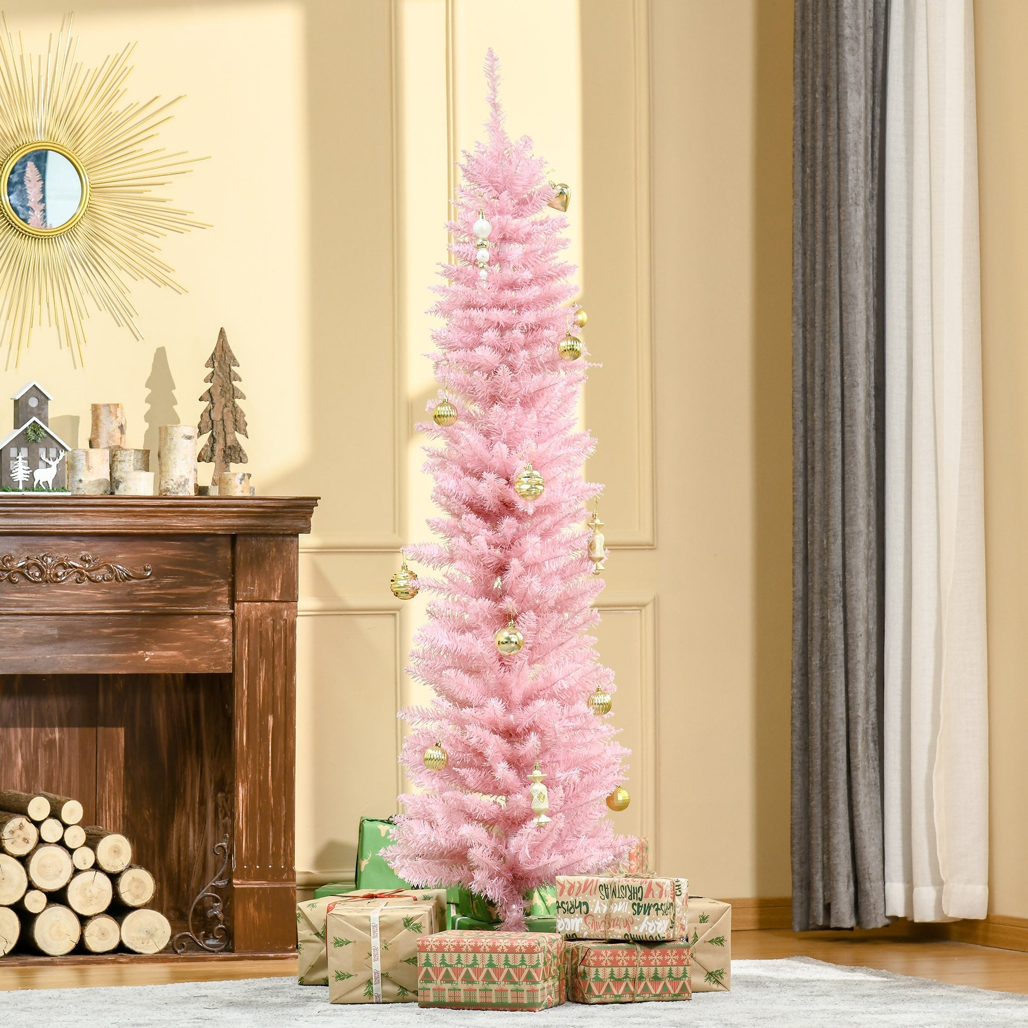 6' Pencil Christmas Tree, Slim Artificial Xmas Tree with Realistic Branches, Sturdy Metal Stand, Pink Pencil Christmas Trees   at Gallery Canada