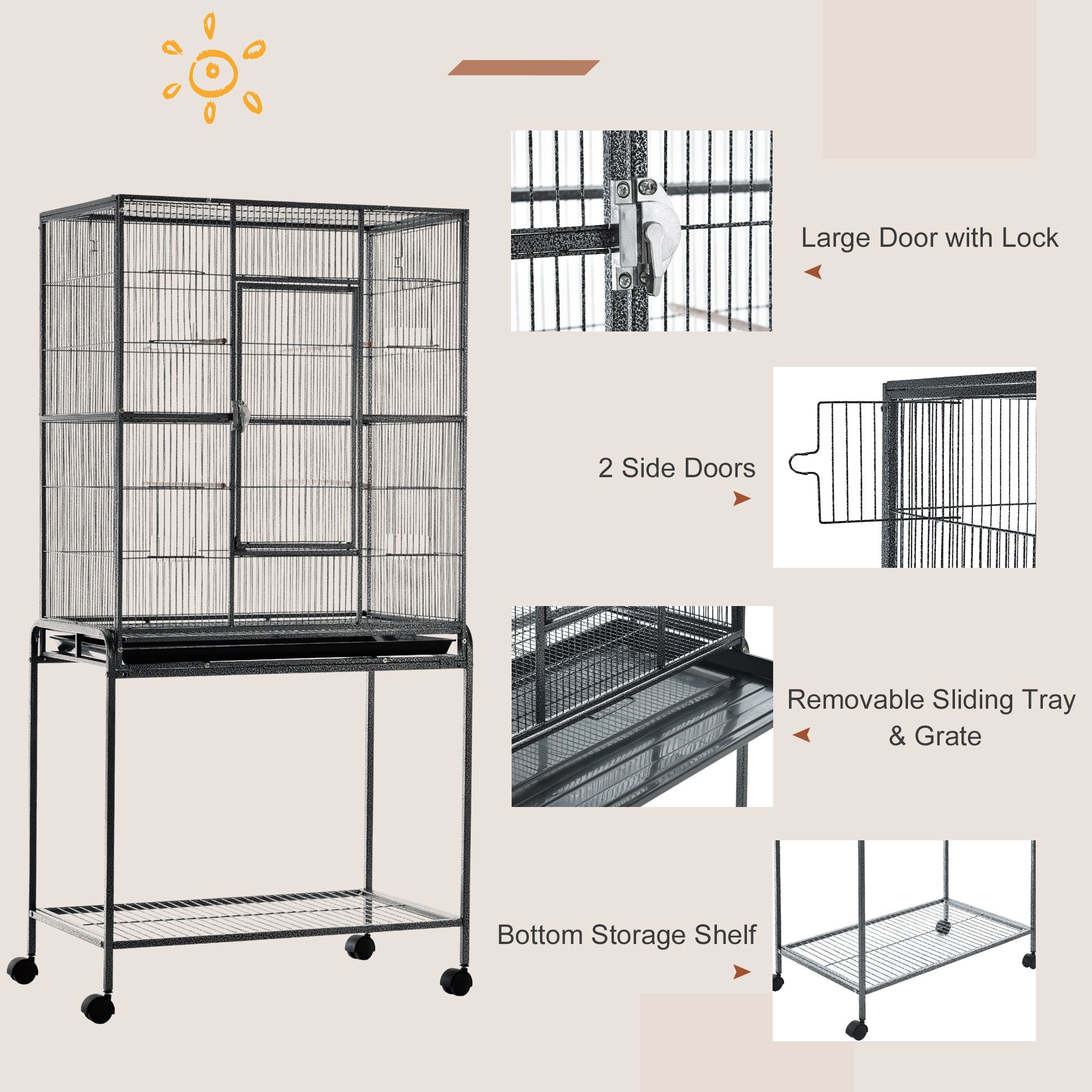 30'' Large Rolling Metal Bird Cage Bird House with Detachable Rolling Stand, Storage Shelf, Wood Perch Food Container - Black Bird Cages at Gallery Canada