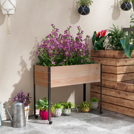 Wooden Elevated Planter Box, Raised Garden Bed with Wheels, Metal Legs, Drainage Holes and Bed Liner Raised Garden Beds Natural and Black  at Gallery Canada