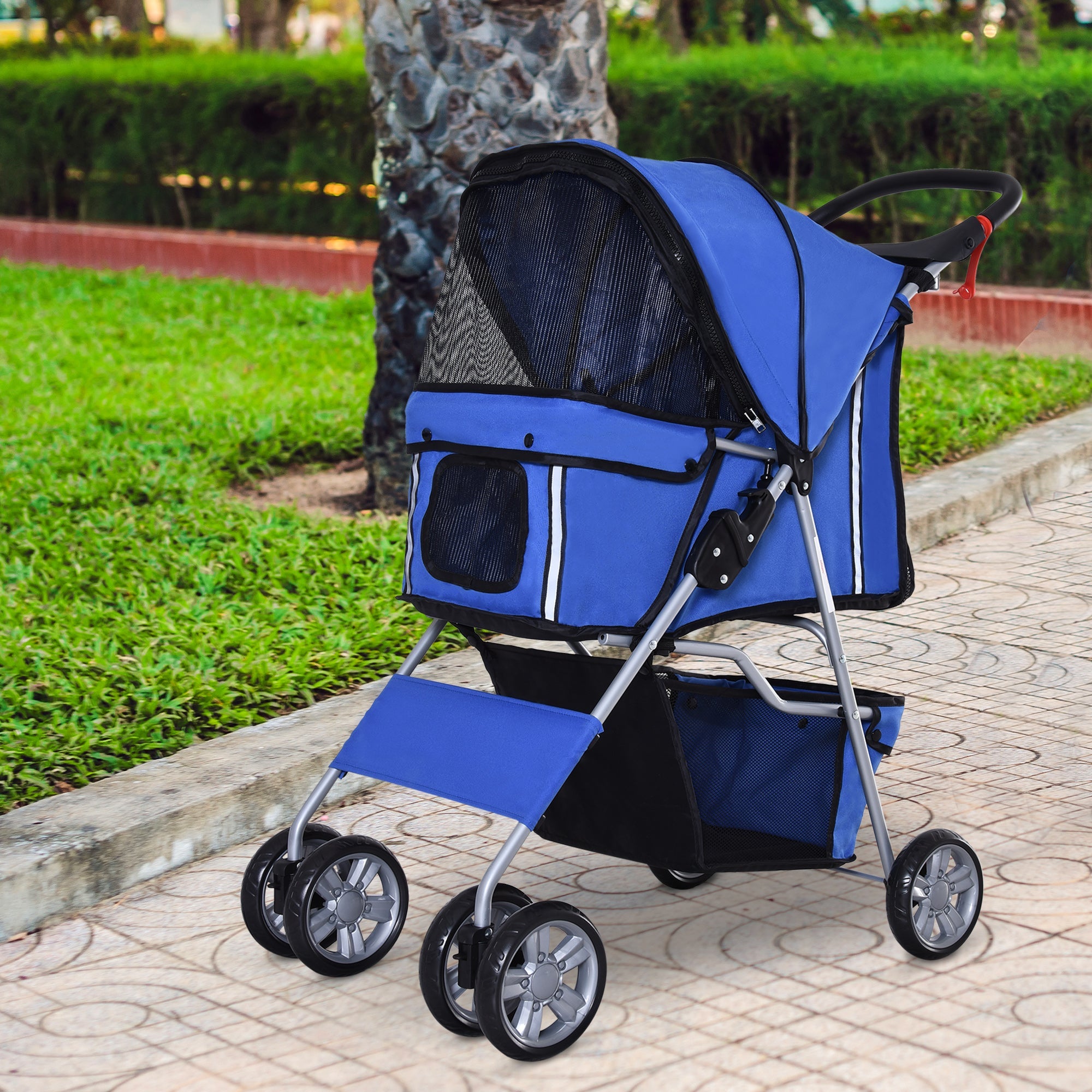 4 Wheel Dog Pet Stroller Dog Cat Carrier Folding Sunshade Canopy with Brake, Blue Dog Bike Trailers & Strollers   at Gallery Canada