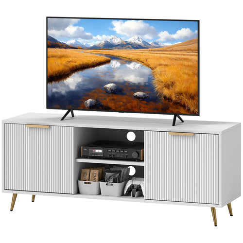 TV Stand with Storage for 55 Inch TV, Modern TV Cabinet with 2 Open Shelves and 2 Cabinets for Living Room, White