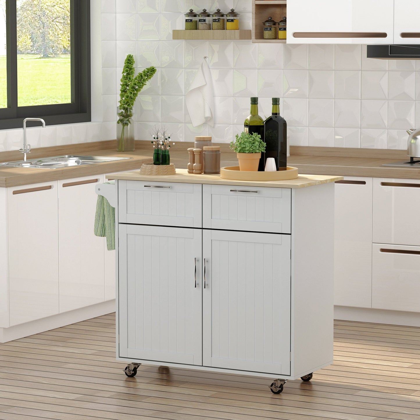 Rolling Kitchen Island with Storage Drawers, Modern Kitchen Cart with Rubber Wood Top, Cabinet &; Towel Rack, Grey Kitchen Islands & Kitchen Carts   at Gallery Canada