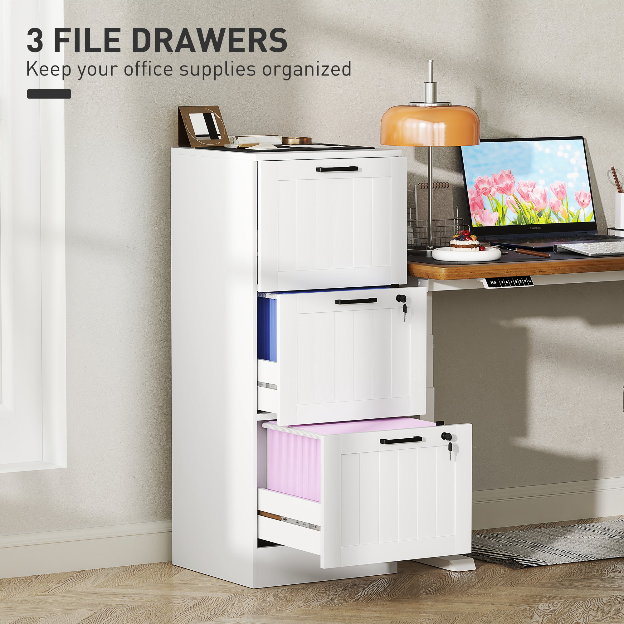 3 Drawer Filing Cabinet with Lock, Office Storage Cabinet with Adjustable Hanging Bars for A4 Letter Size Files, White Office Cabinets & Cupboards at Gallery Canada