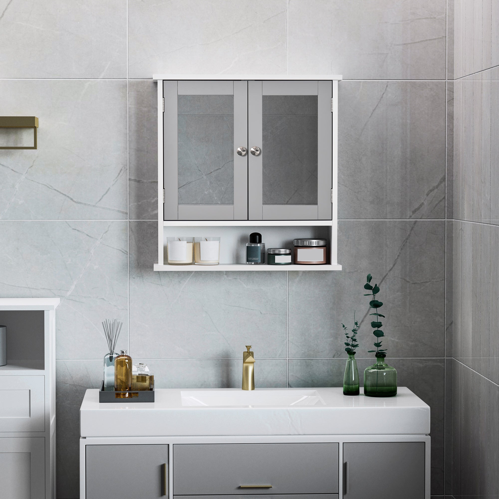 Medicine Cabinet, Wall-Mounted Bathroom Mirror Cabinet with Double Doors, Open Shelf, and Adjustable Shelf, Modern Bathroom Wall Cabinet, White and Grey Mirror Medicine Cabinets at Gallery Canada