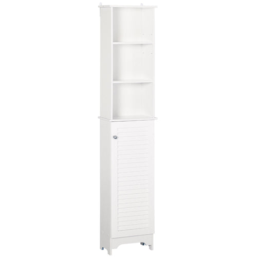 Tall Bathroom Storage Cabinet, Freestanding Linen Tower with 3-Tier Open Adjustable Shelf and Cupboard, White