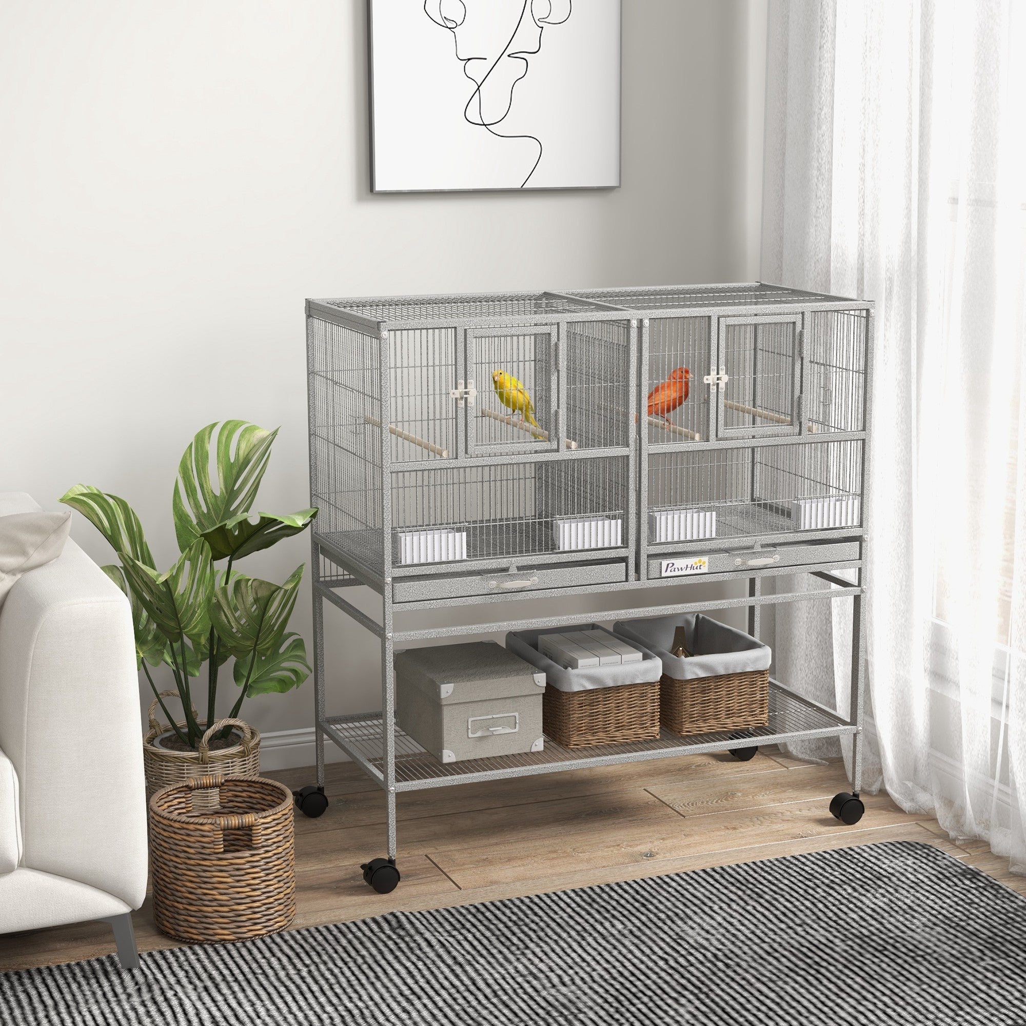 Large Double Rolling Metal Bird Cage Bird House w/ Removable Tray Storage Shelf Bird Cages   at Gallery Canada