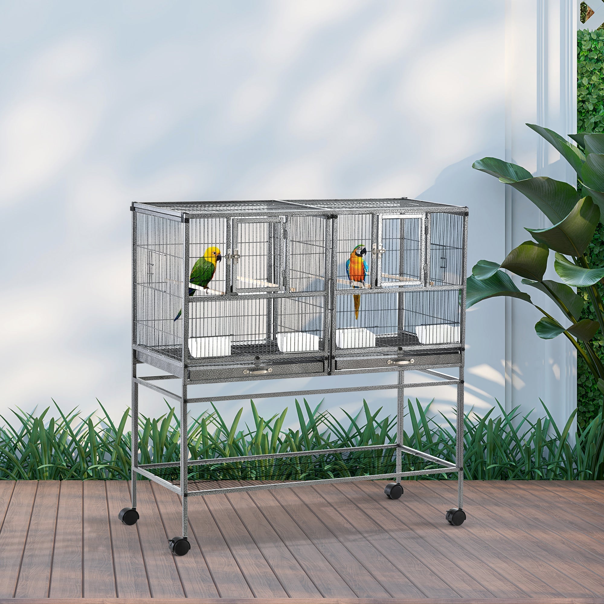 Large Double Rolling Metal Bird Cage Bird House w/ Removable Tray Storage Shelf Bird Cages   at Gallery Canada