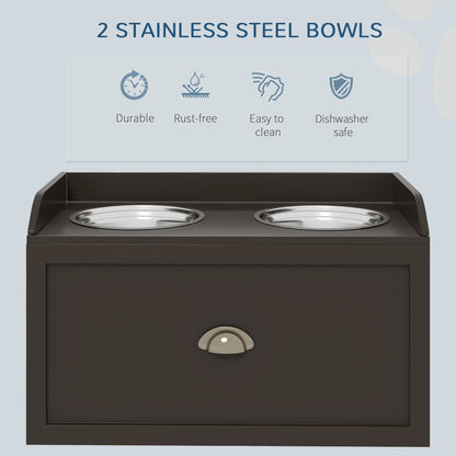 Large Elevated Dog Bowls with Storage Drawer, Raised Pet Feeding Station with 2 Stainless Steel Bowls, Brown Dog Bowls   at Gallery Canada