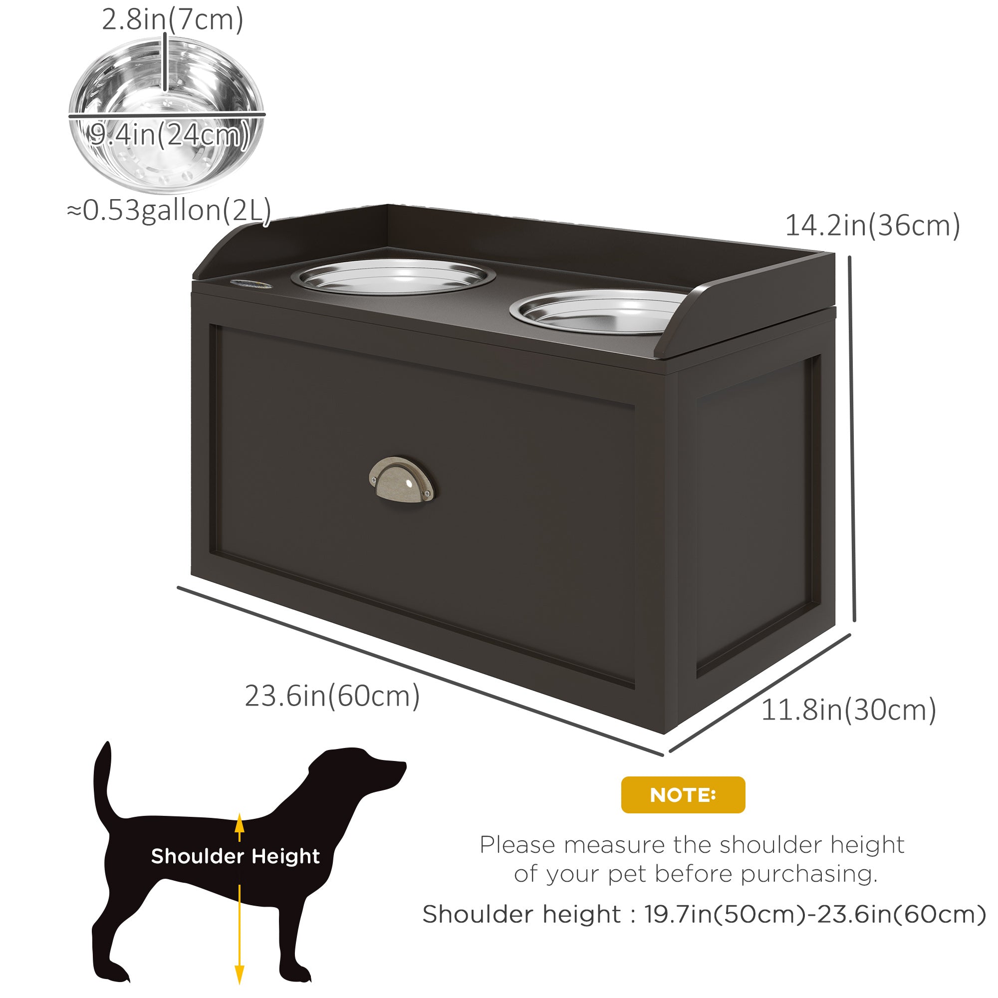 Large Elevated Dog Bowls with Storage Drawer, Raised Pet Feeding Station with 2 Stainless Steel Bowls, Brown Dog Bowls   at Gallery Canada