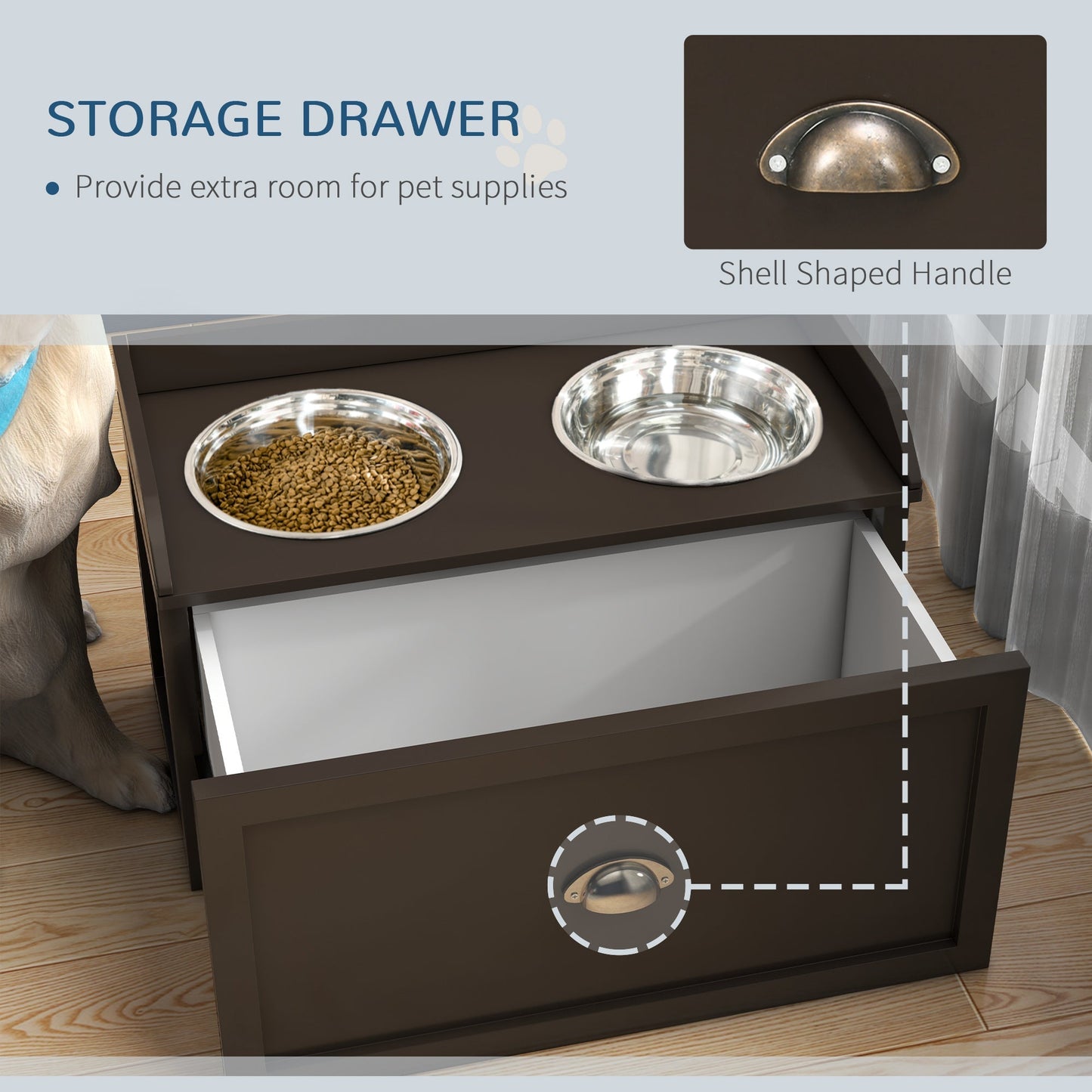 Large Elevated Dog Bowls with Storage Drawer, Raised Pet Feeding Station with 2 Stainless Steel Bowls, Brown Dog Bowls   at Gallery Canada